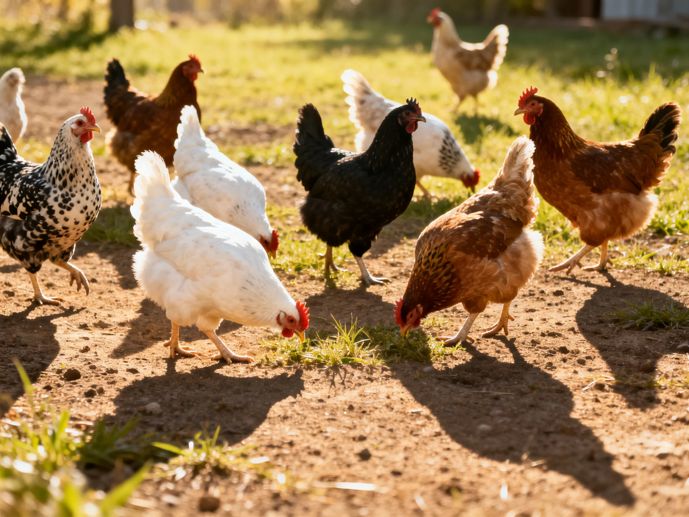 A group of colorful chickens forages in a sunlit farmyard