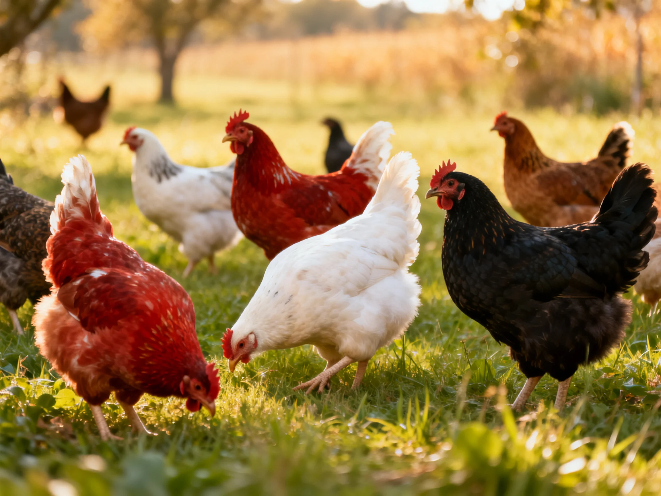 A group of colorful chickens forages in a sunlit green pasture