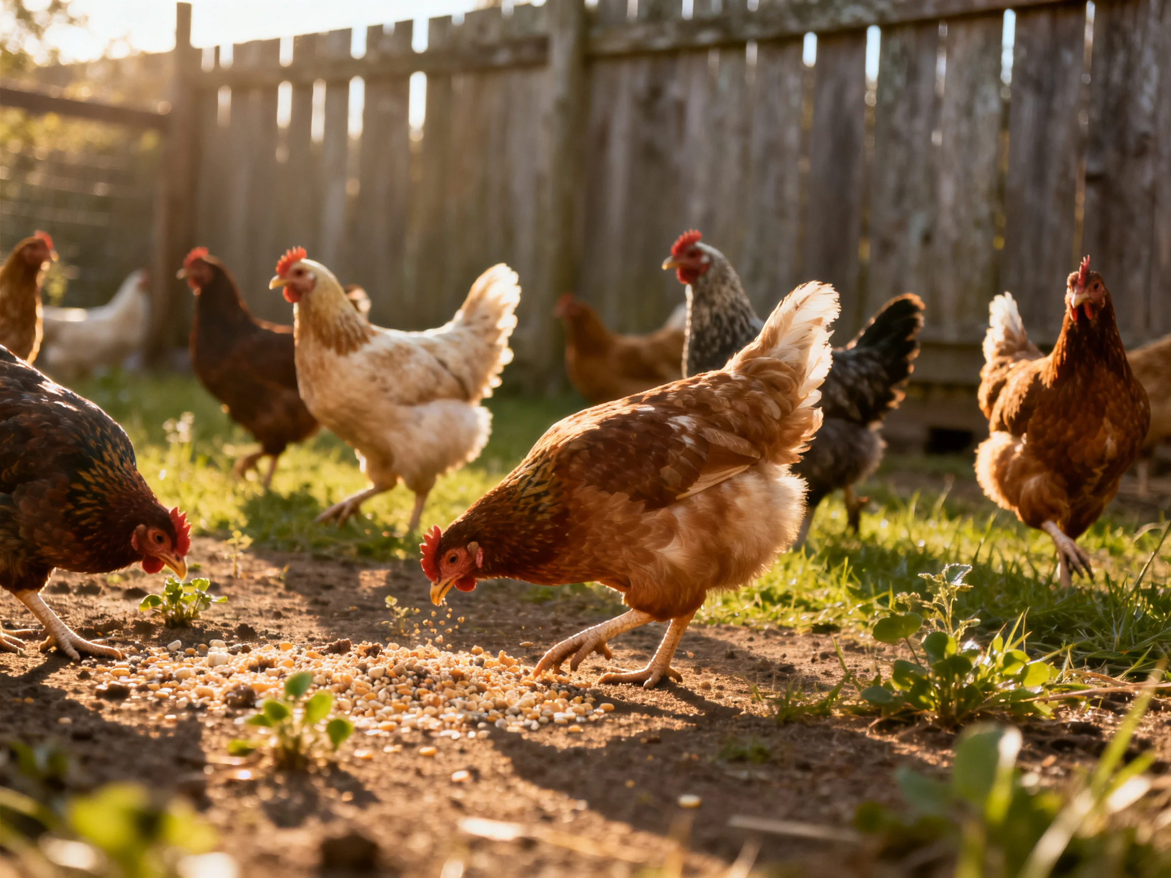 A group of colorful chickens forages near an aged wooden fence
