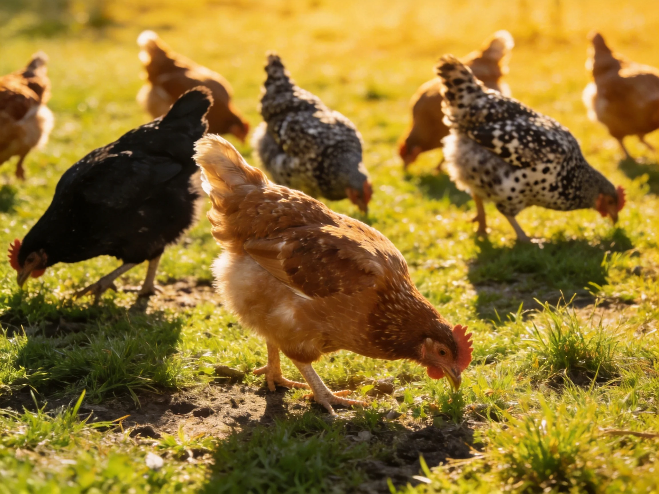A group of colorful chickens foraging in a sunlit grassy field