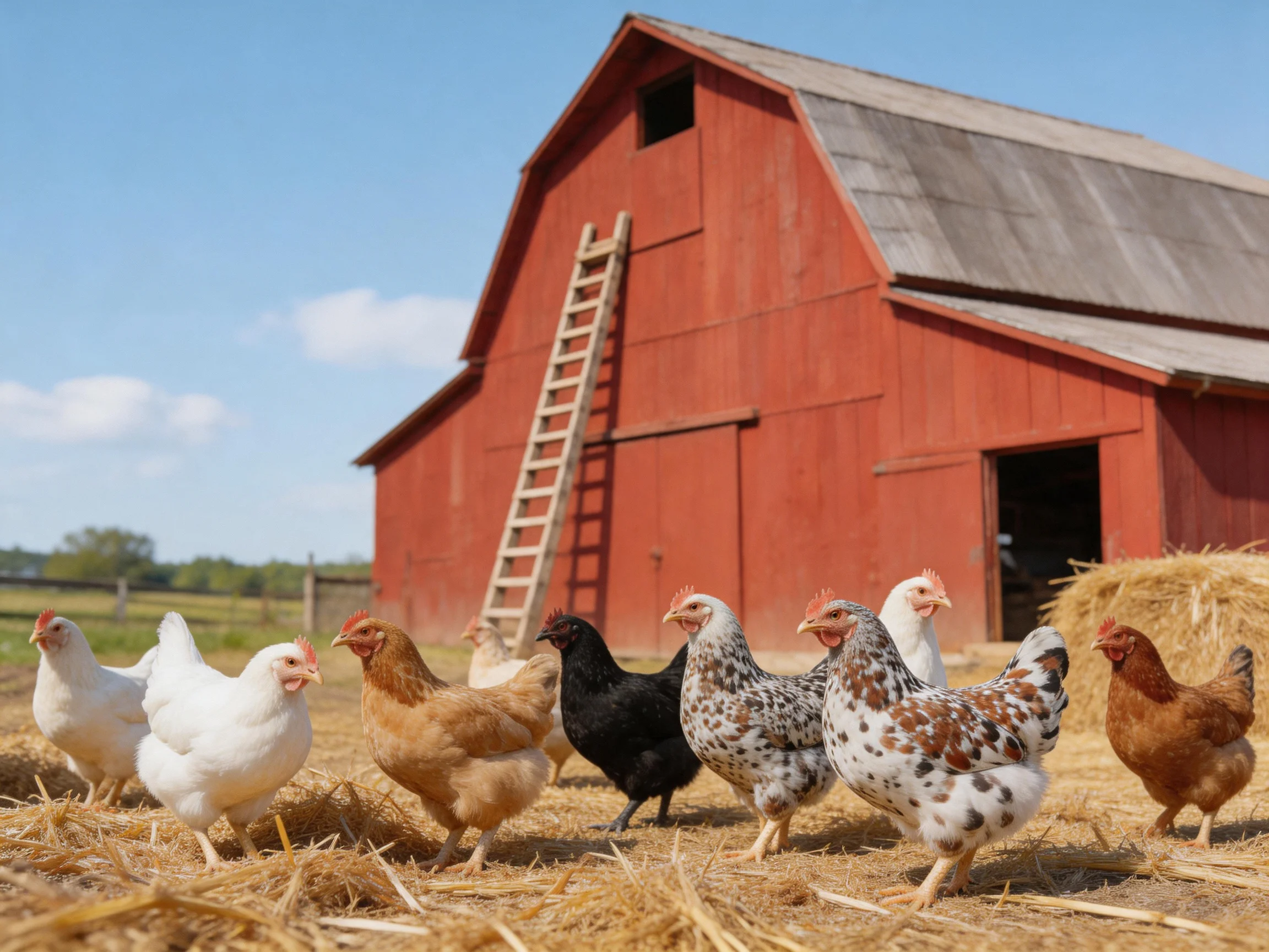 A group of colorful chickens gathers near a red barn with hay bales