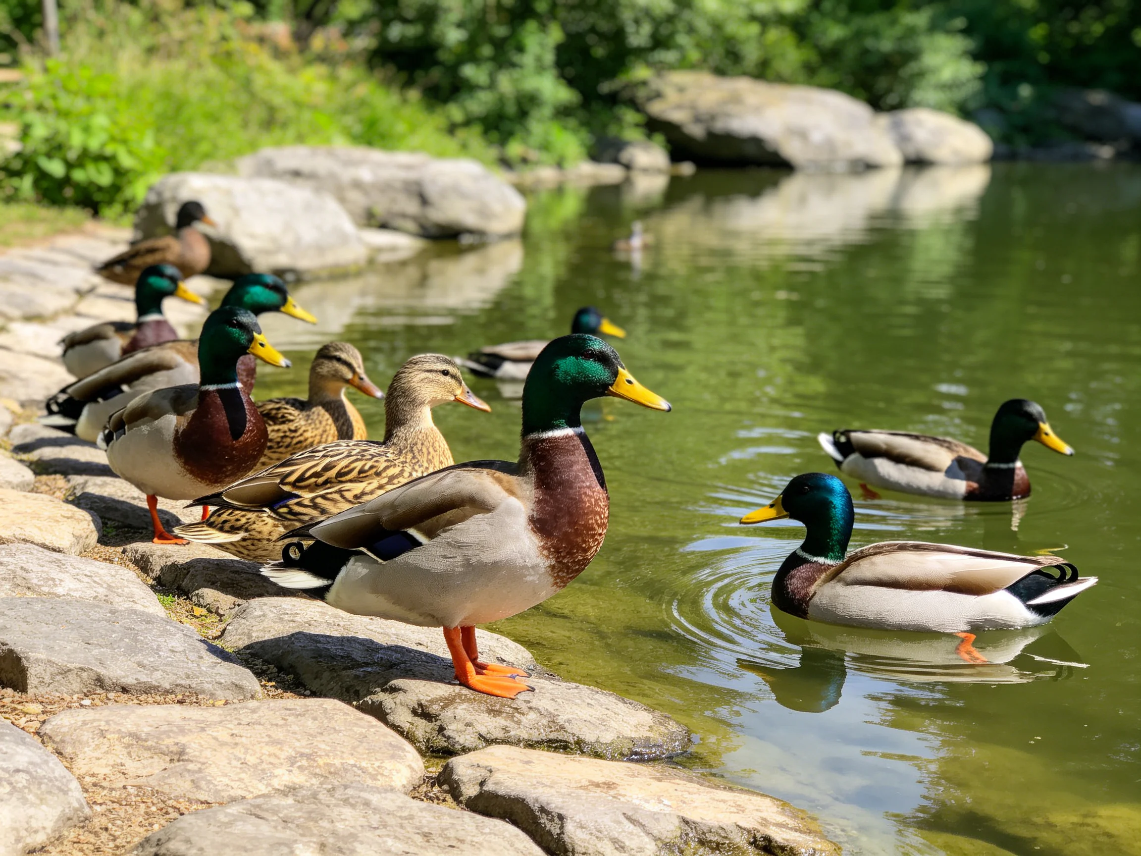 A group of colorful ducks gathers by a calm pond with rocky shores