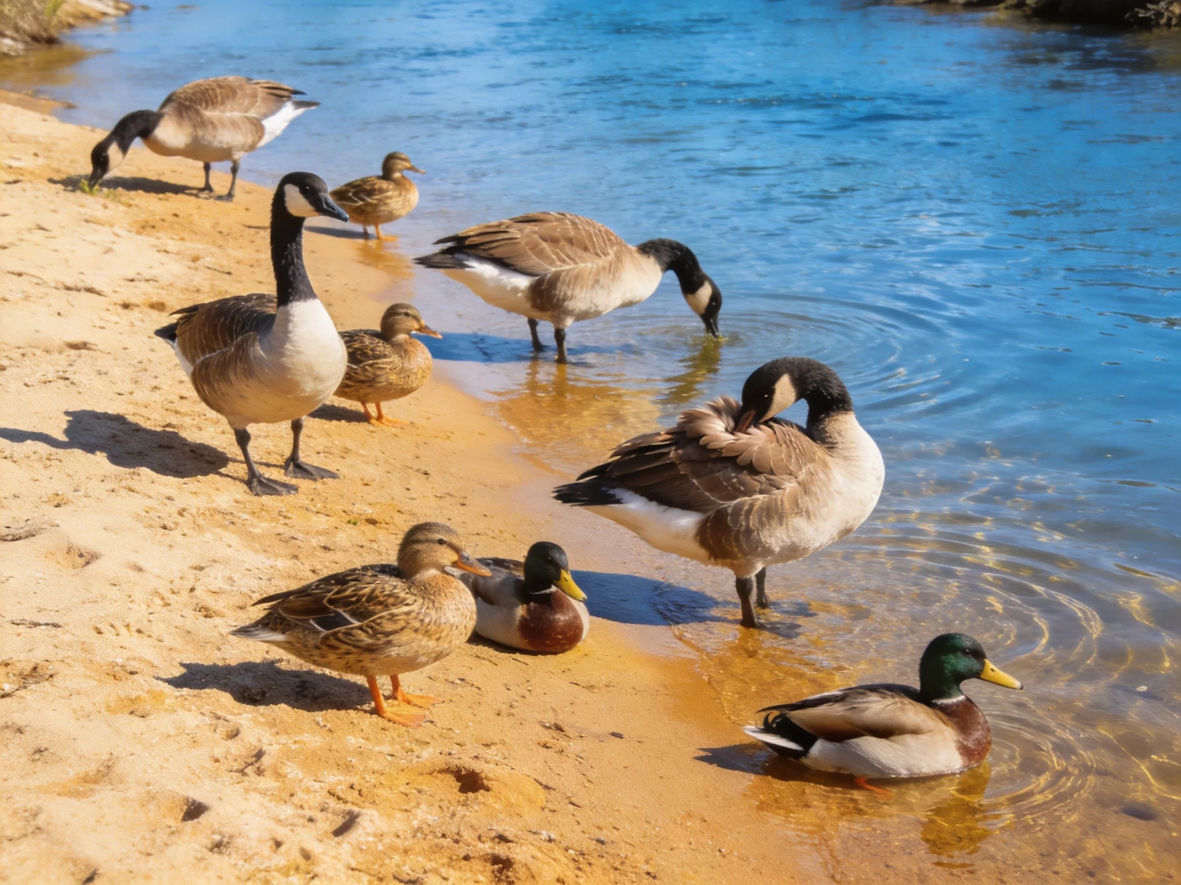 A group of ducks and geese on a sandy shore by clear blue water
