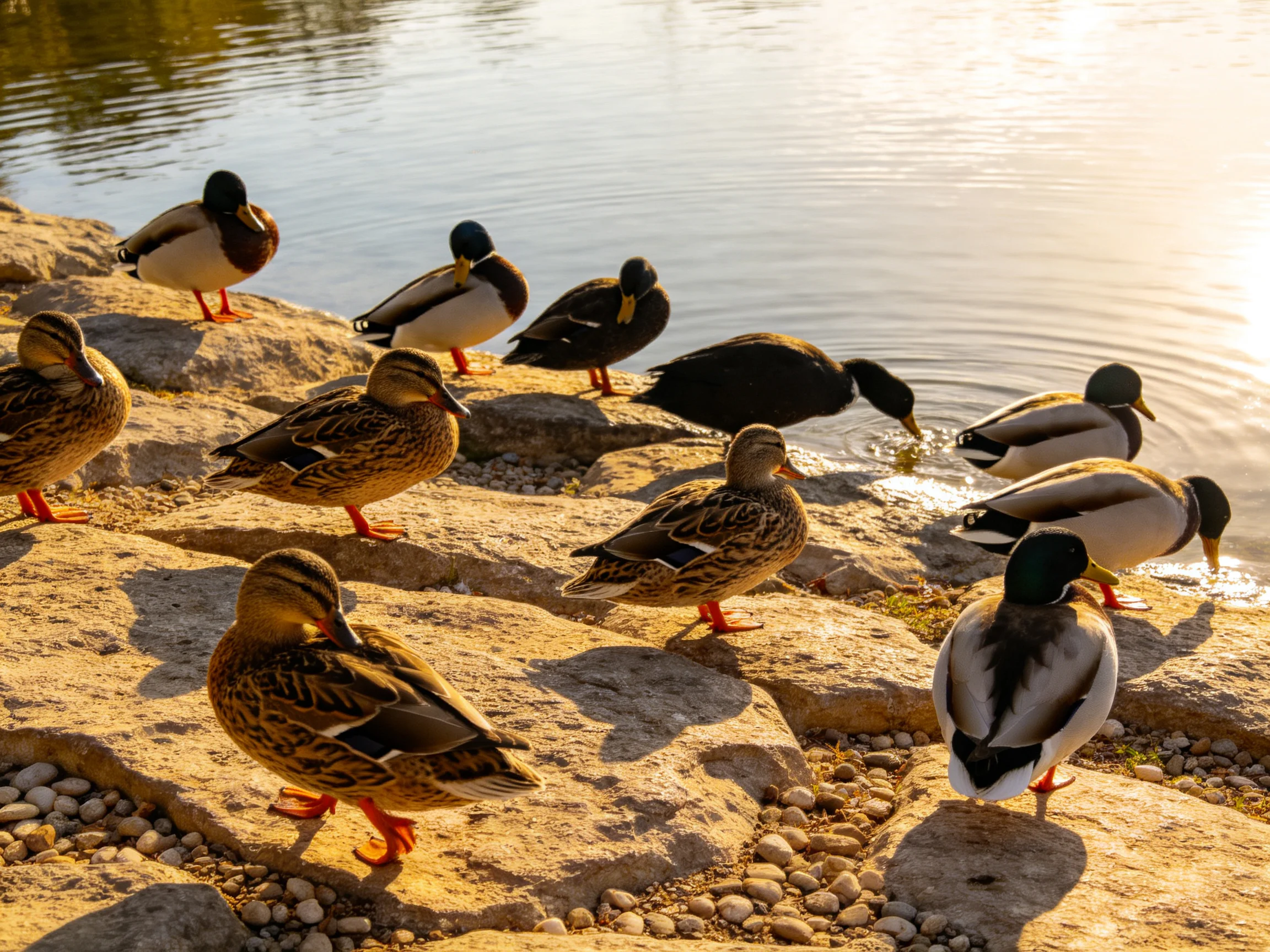 A group of ducks resting on rocky shore near calm water