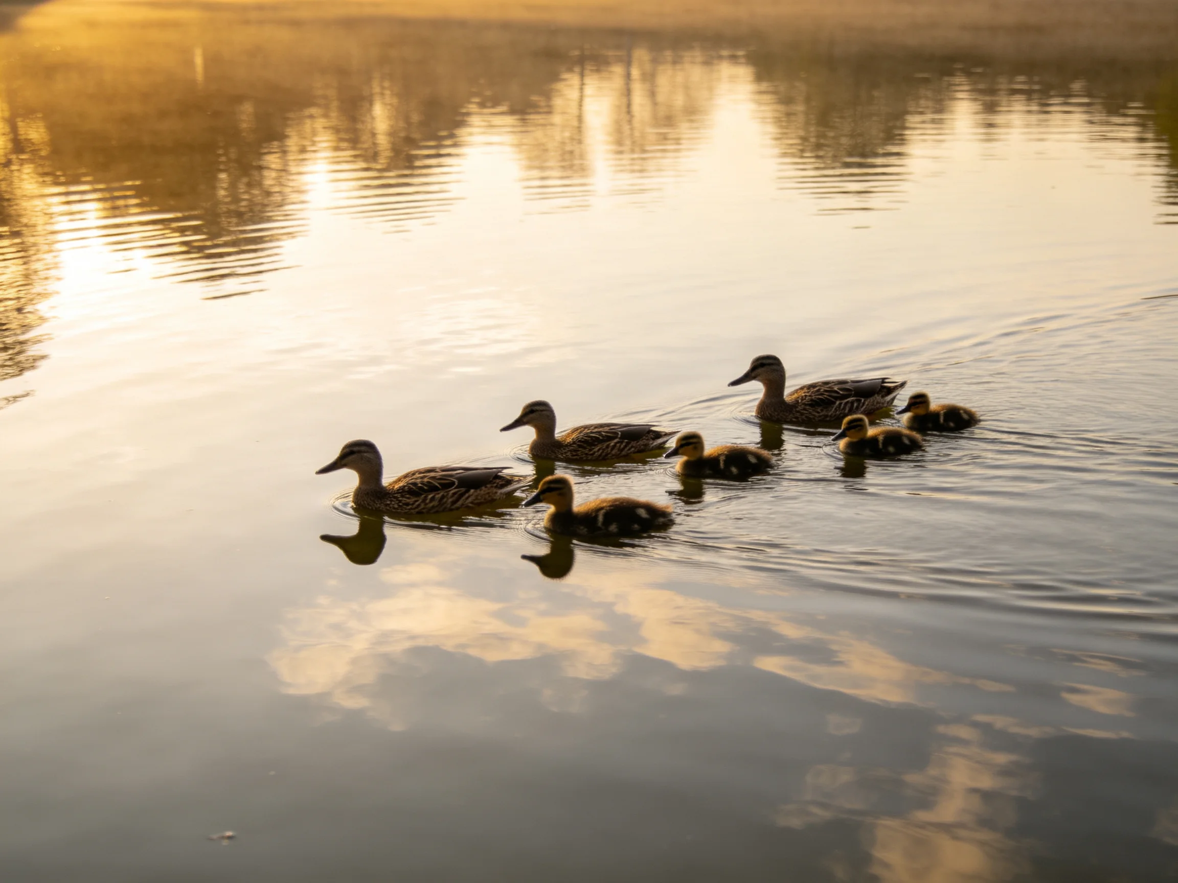 A group of ducks swims in golden morning light over reflective water