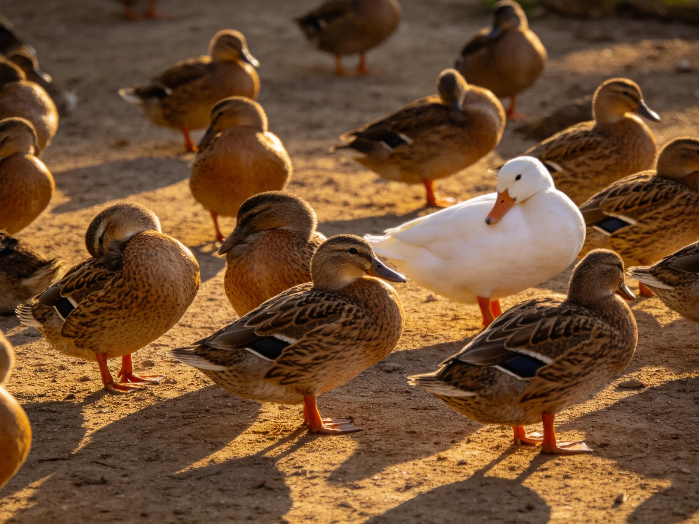 A group of ducks with one distinctive white duck on sandy terrain
