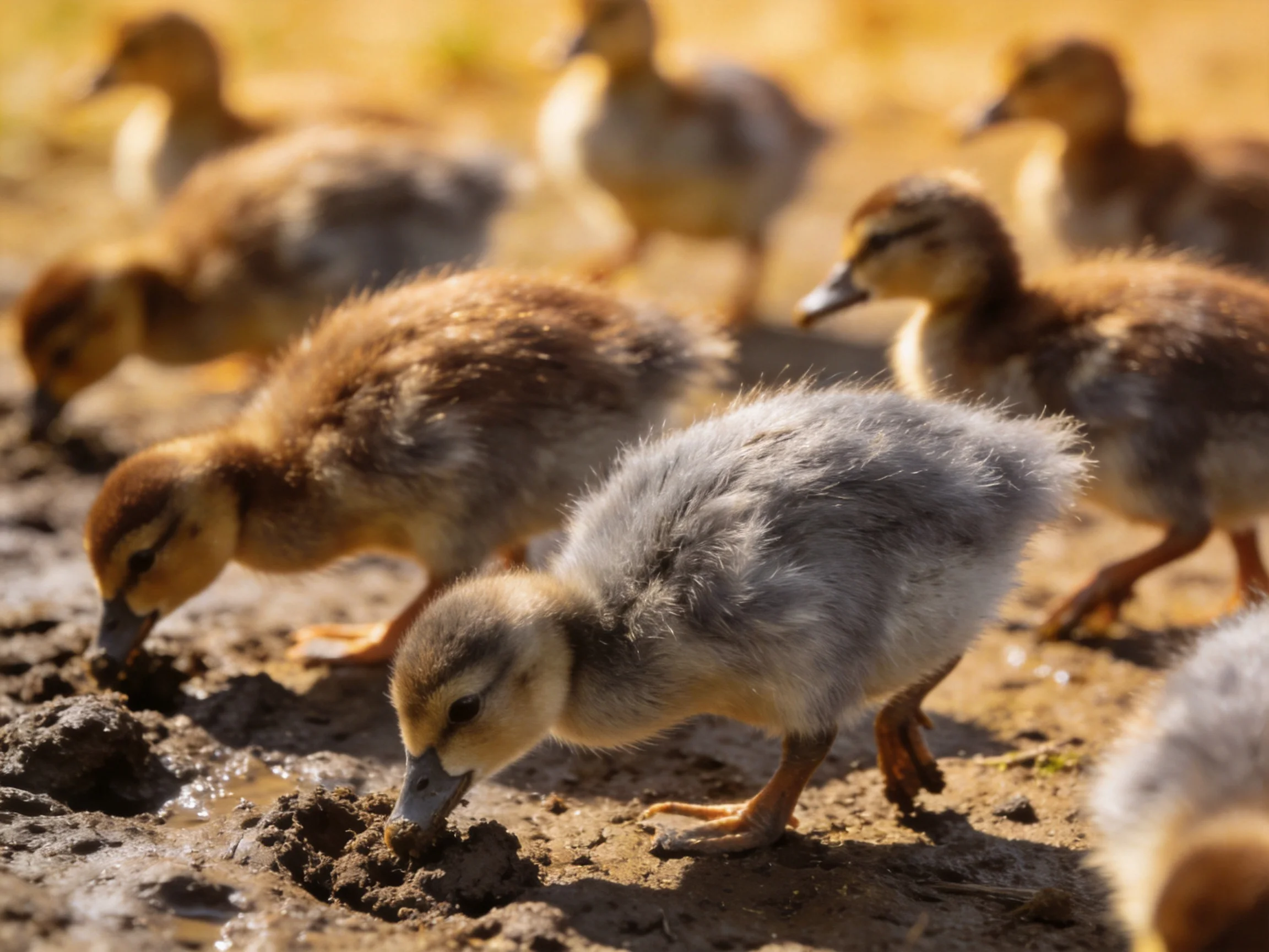 A group of fluffy ducklings exploring muddy terrain near water