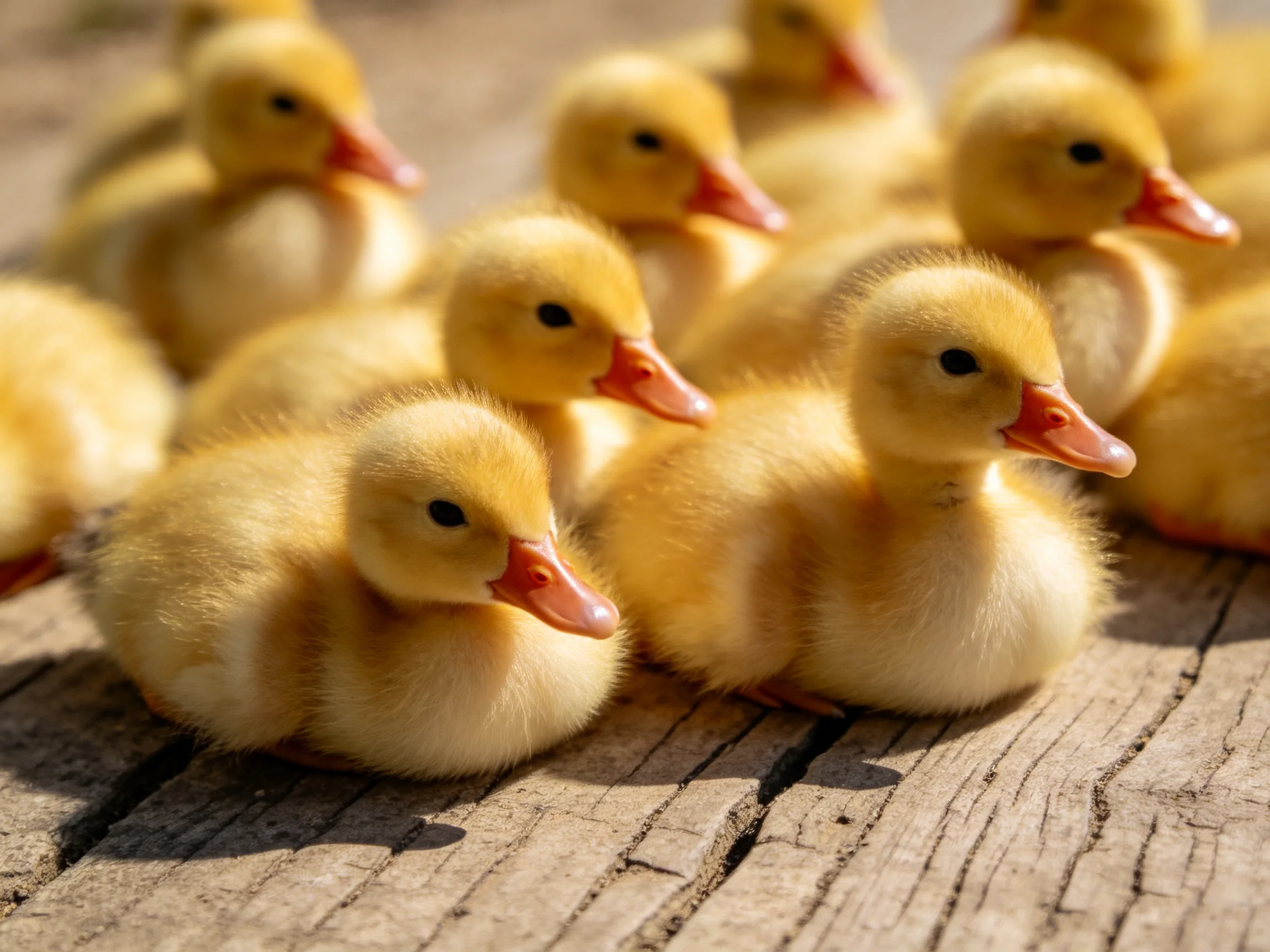 A group of fluffy yellow ducklings gathered on a weathered wooden surface
