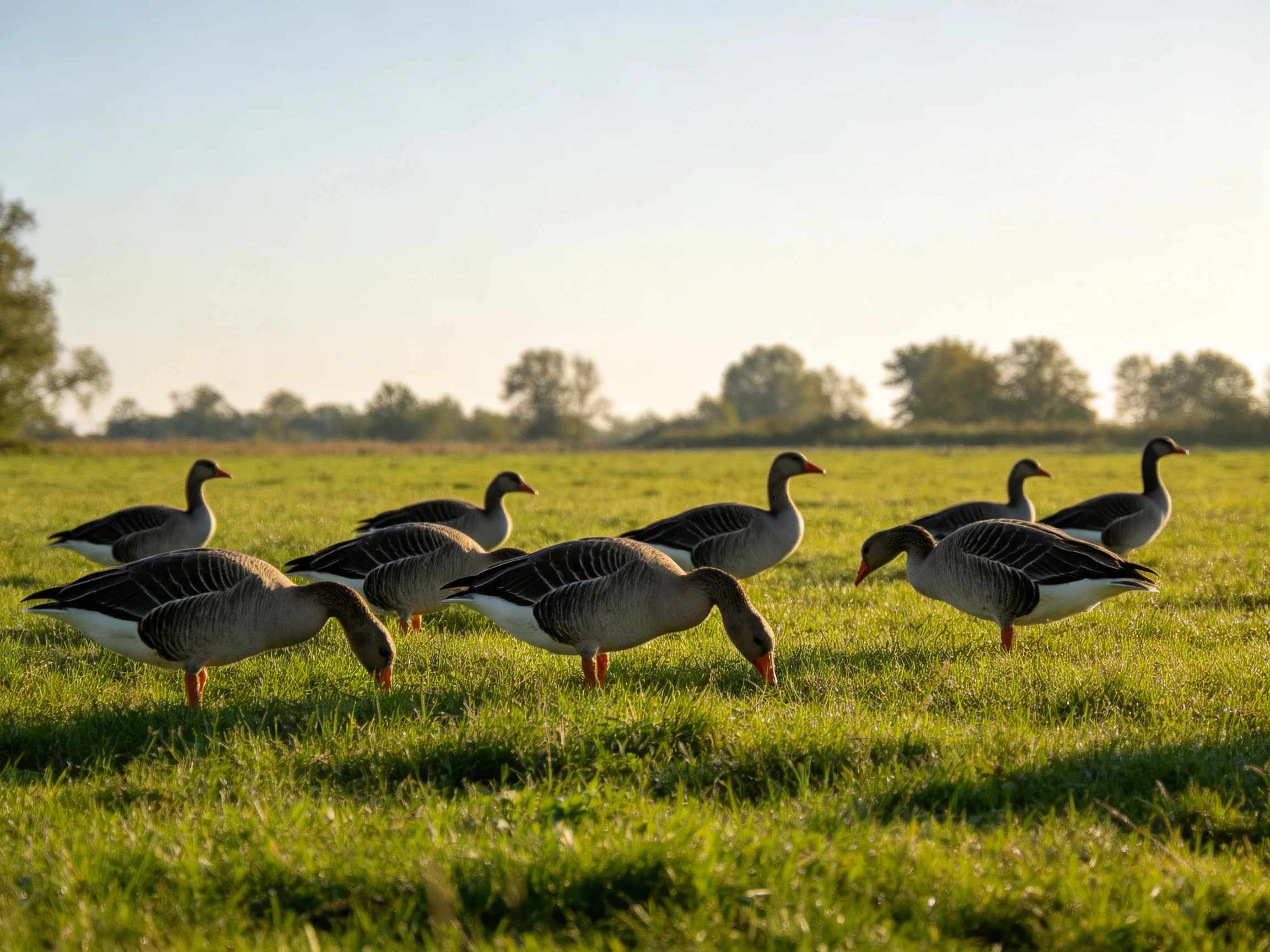 A group of gray and white geese foraging in a lush green meadow
