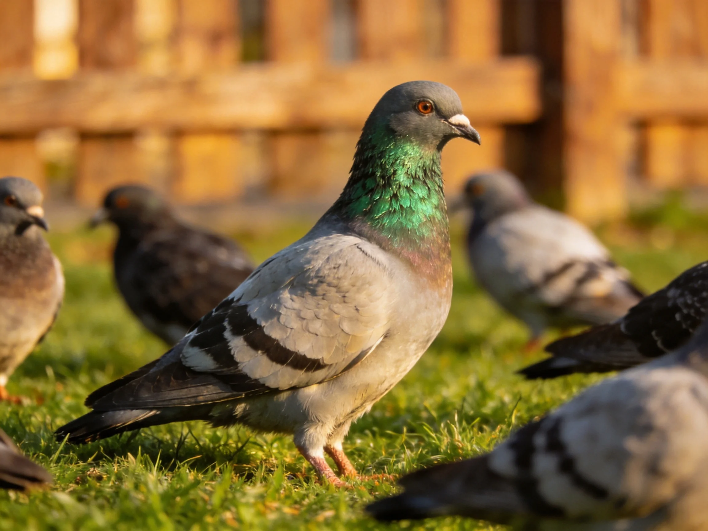 A group of pigeons on grass, central bird with iridescent green neck