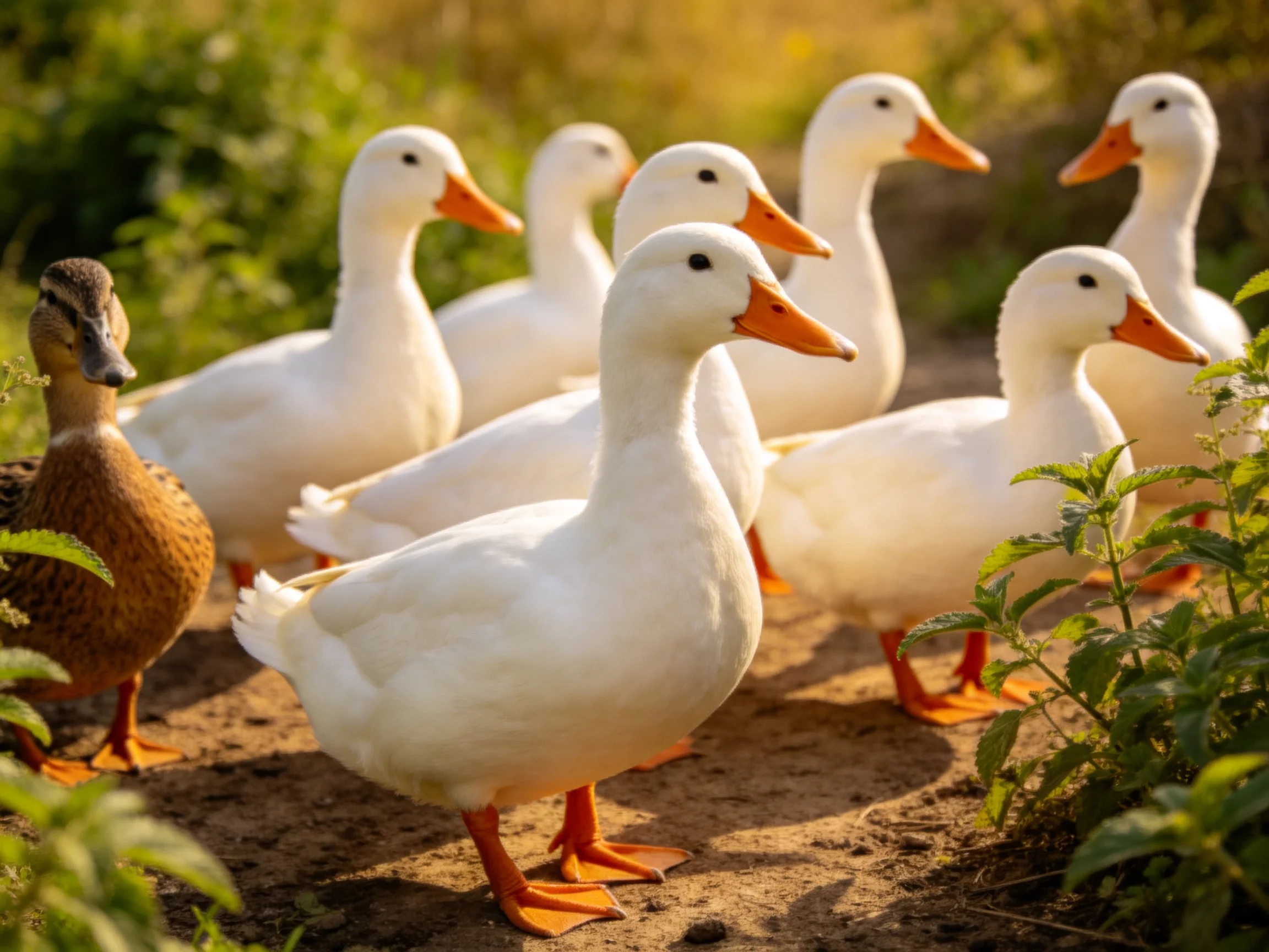 A group of white ducks with one brown duck near green foliage