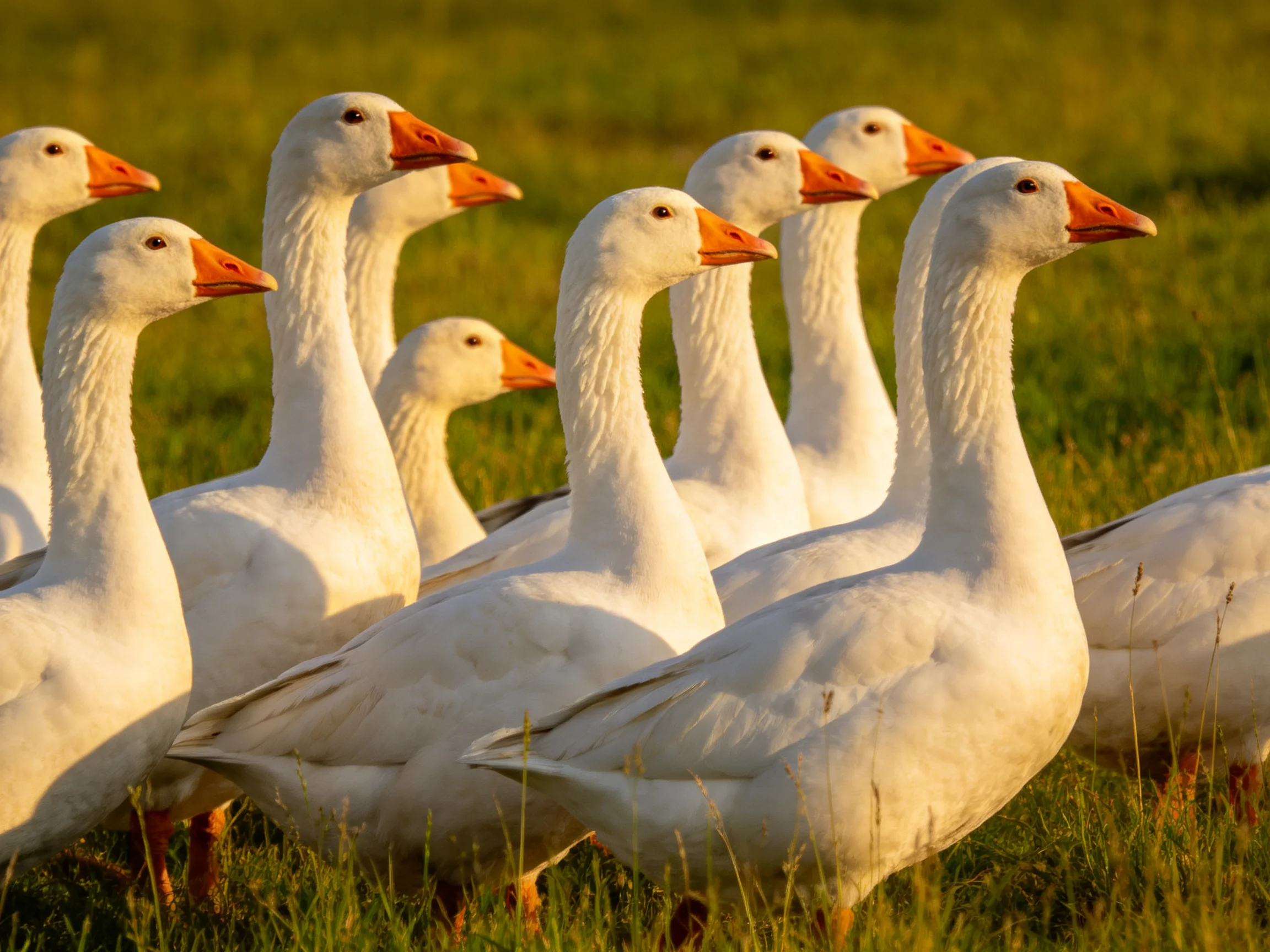 A group of white geese with orange beaks gathered in a green field