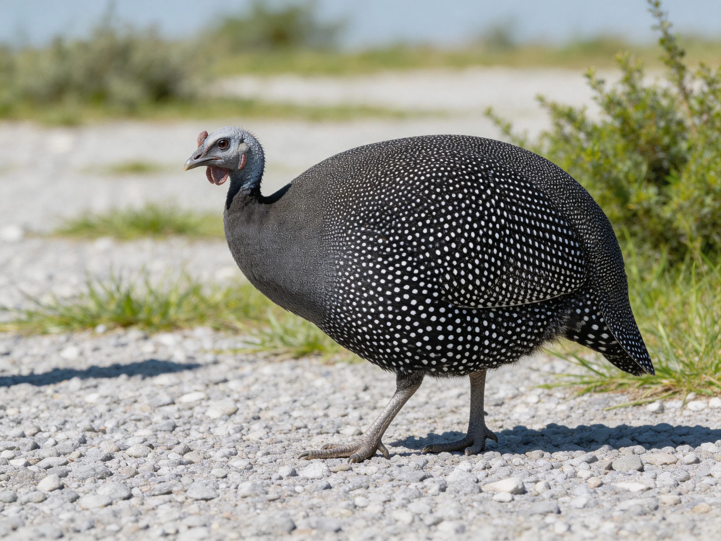 A guineafowl with black and white spotted feathers on a gravel path