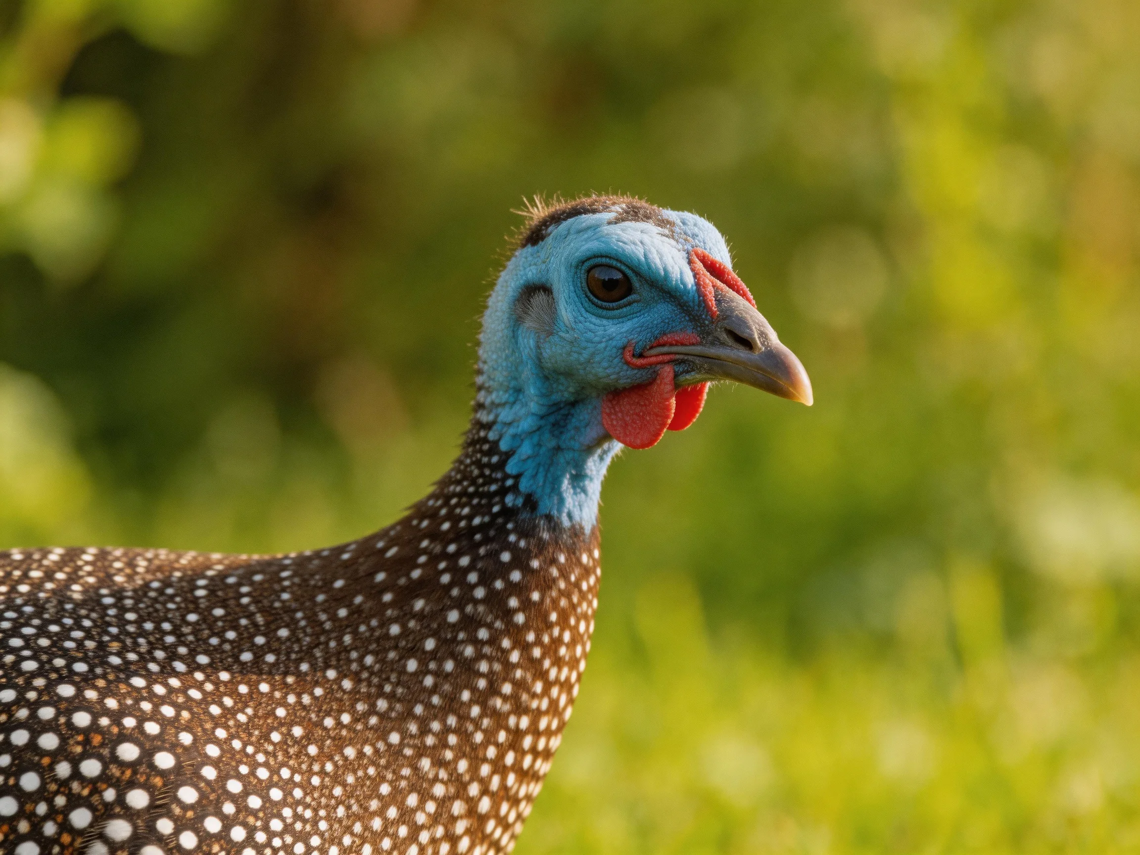 A guineafowl with blue head, red wattles, and spotted brown feathers
