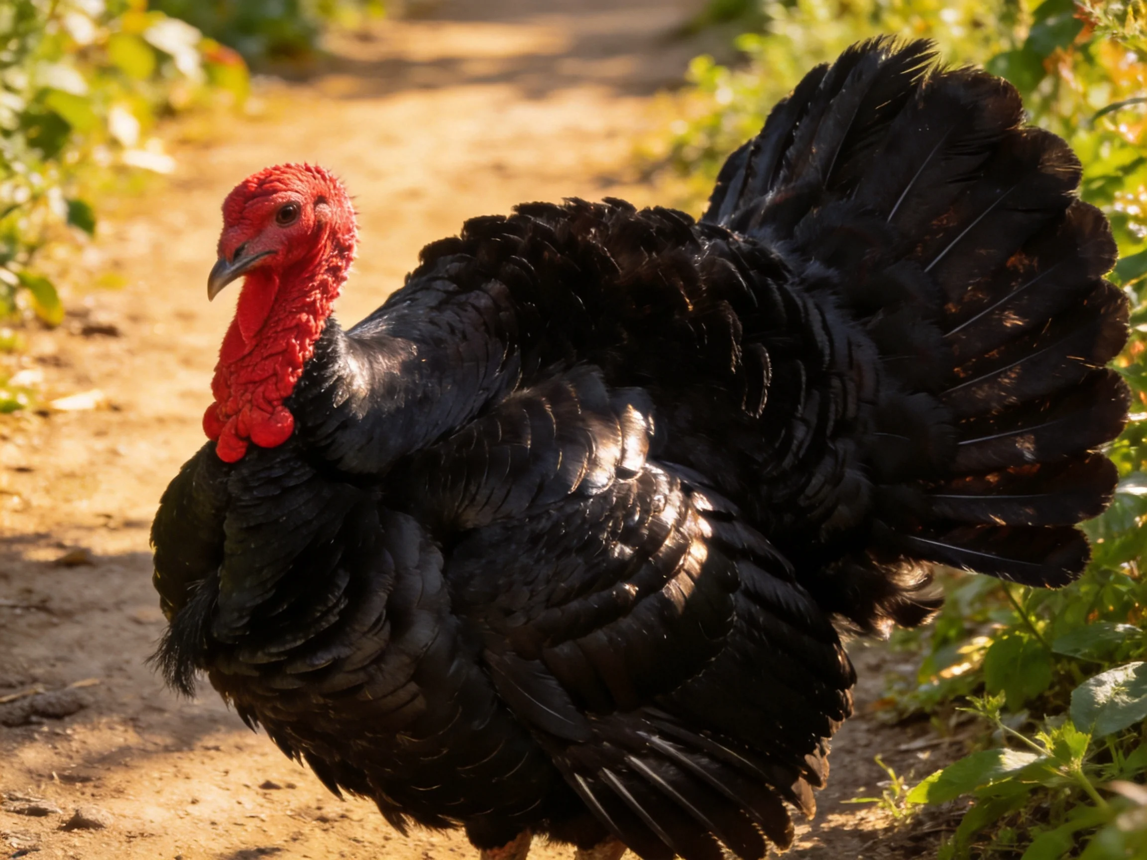A large black turkey with bright red head on sunlit dirt path