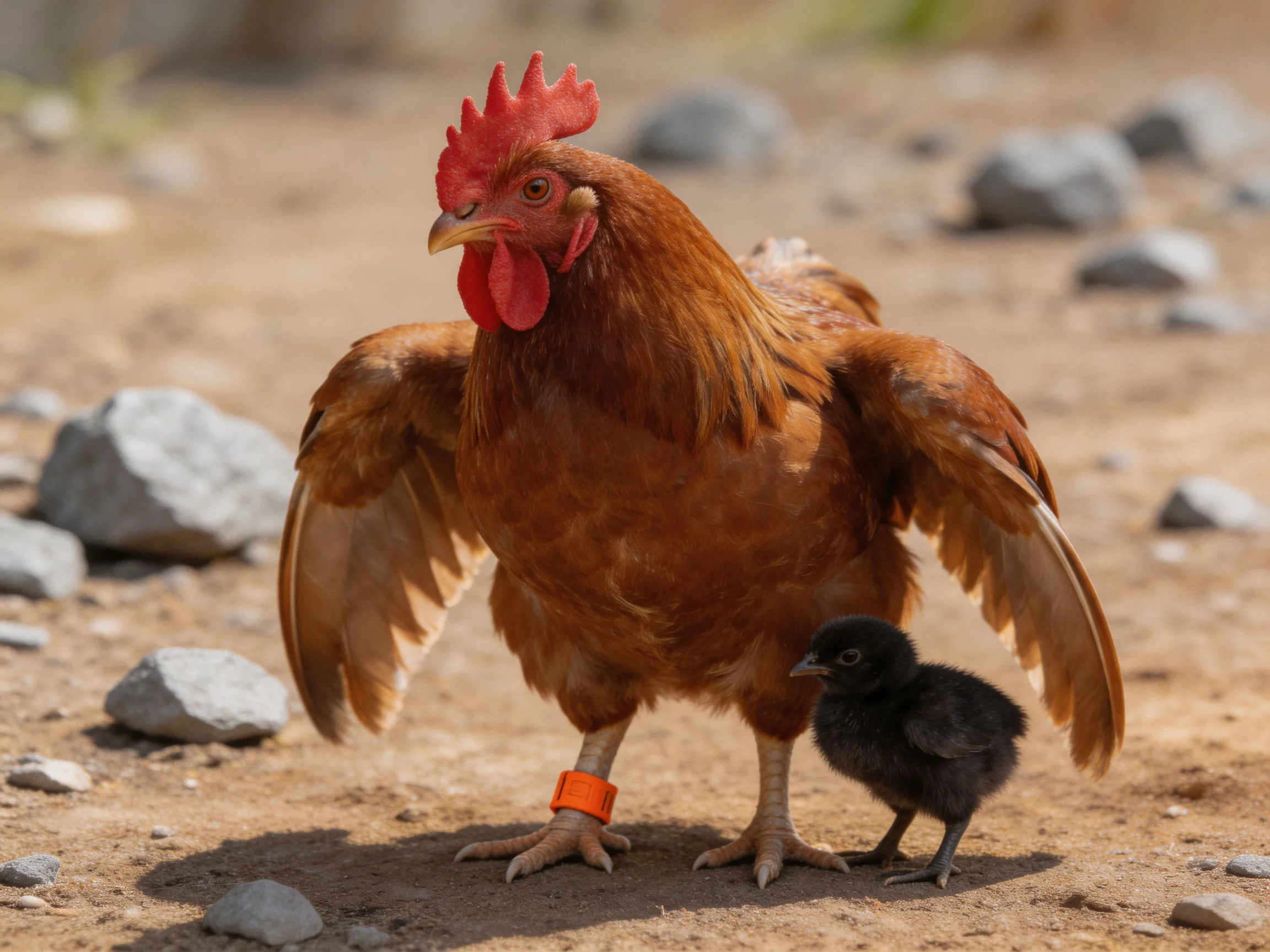 A large brown hen stands beside a small black chick on rocky ground