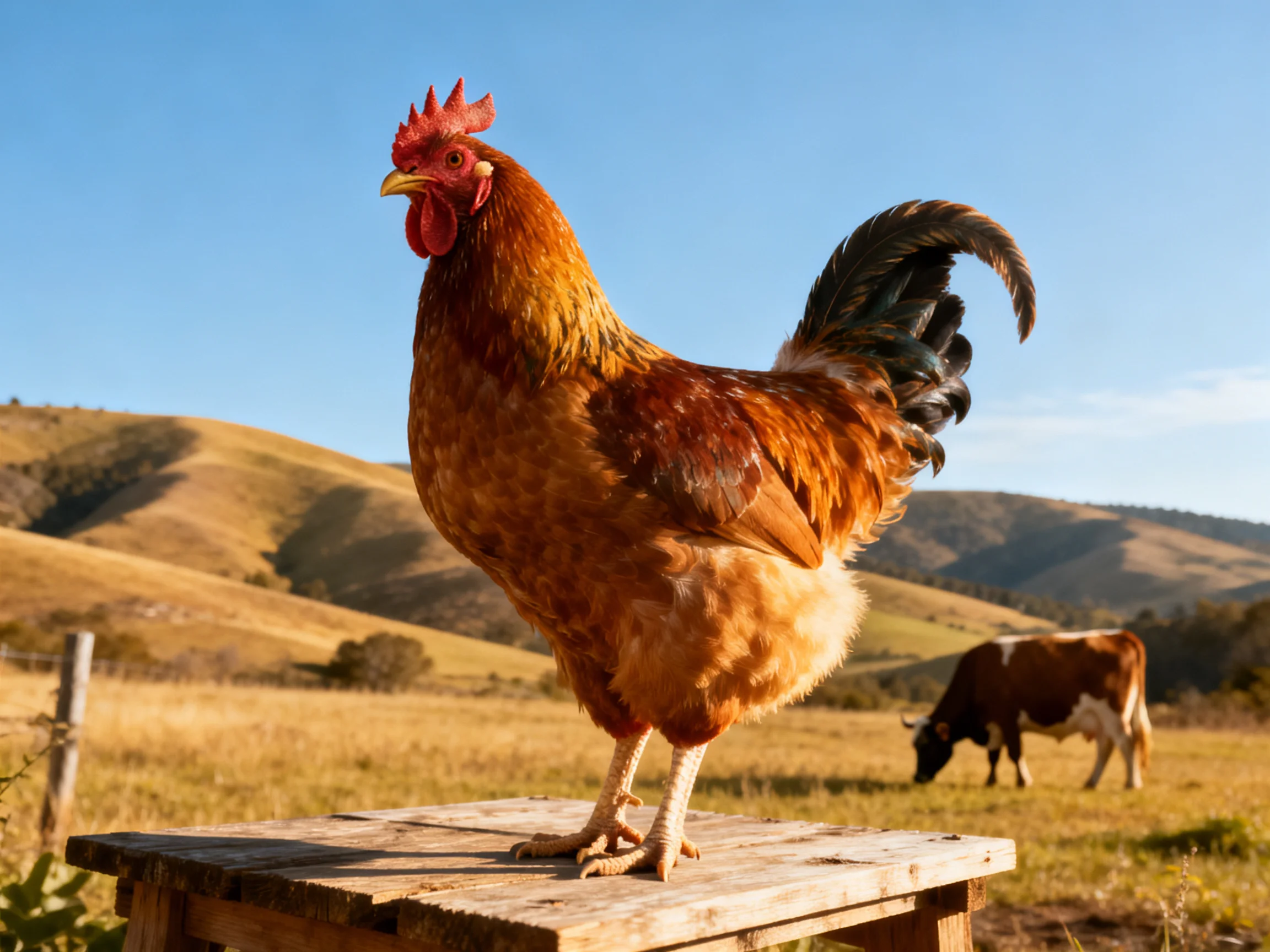A large brown rooster stands on a wooden platform with a cow in rolling hills