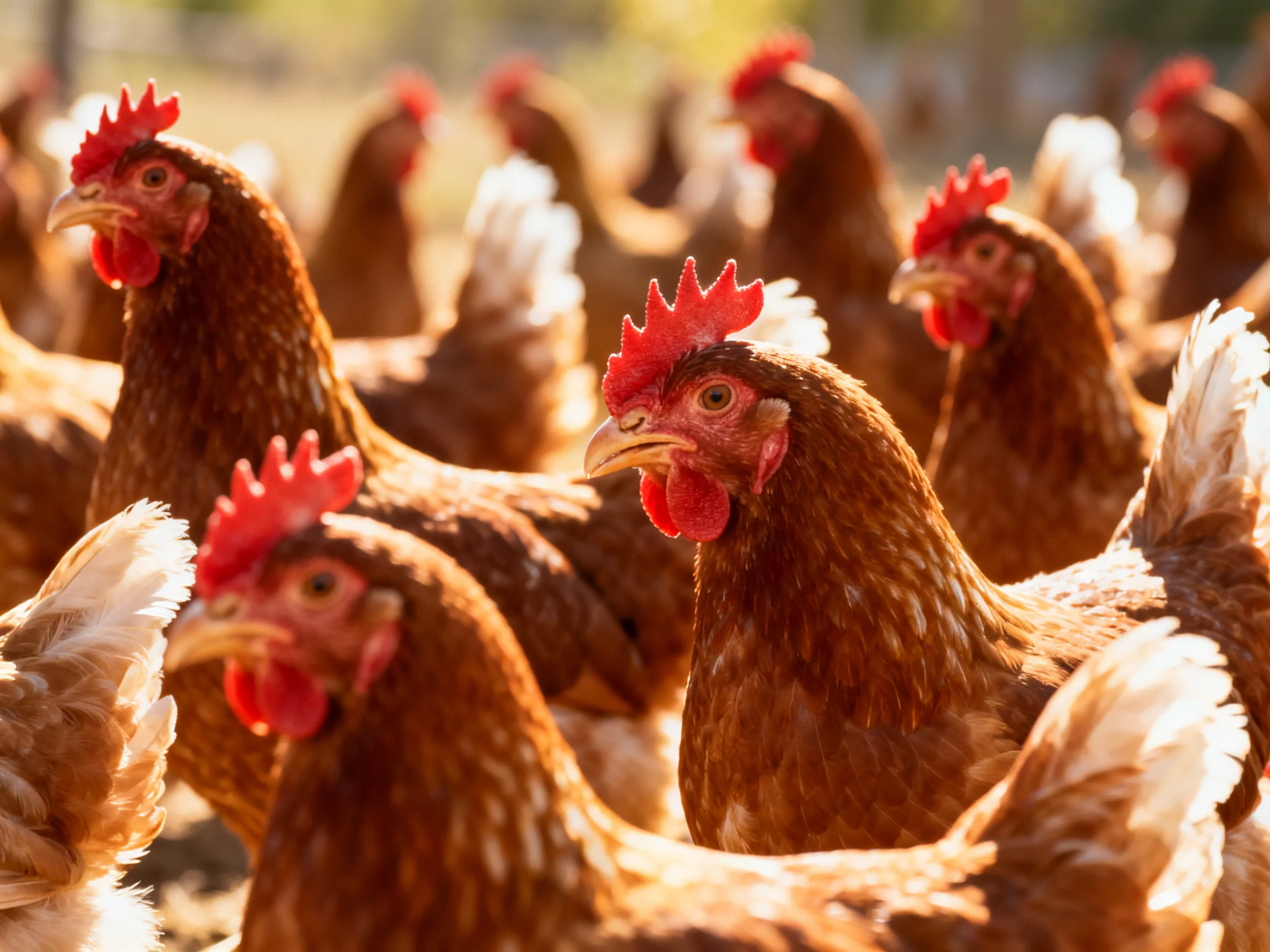 A large group of brown hens with red combs in natural daylight