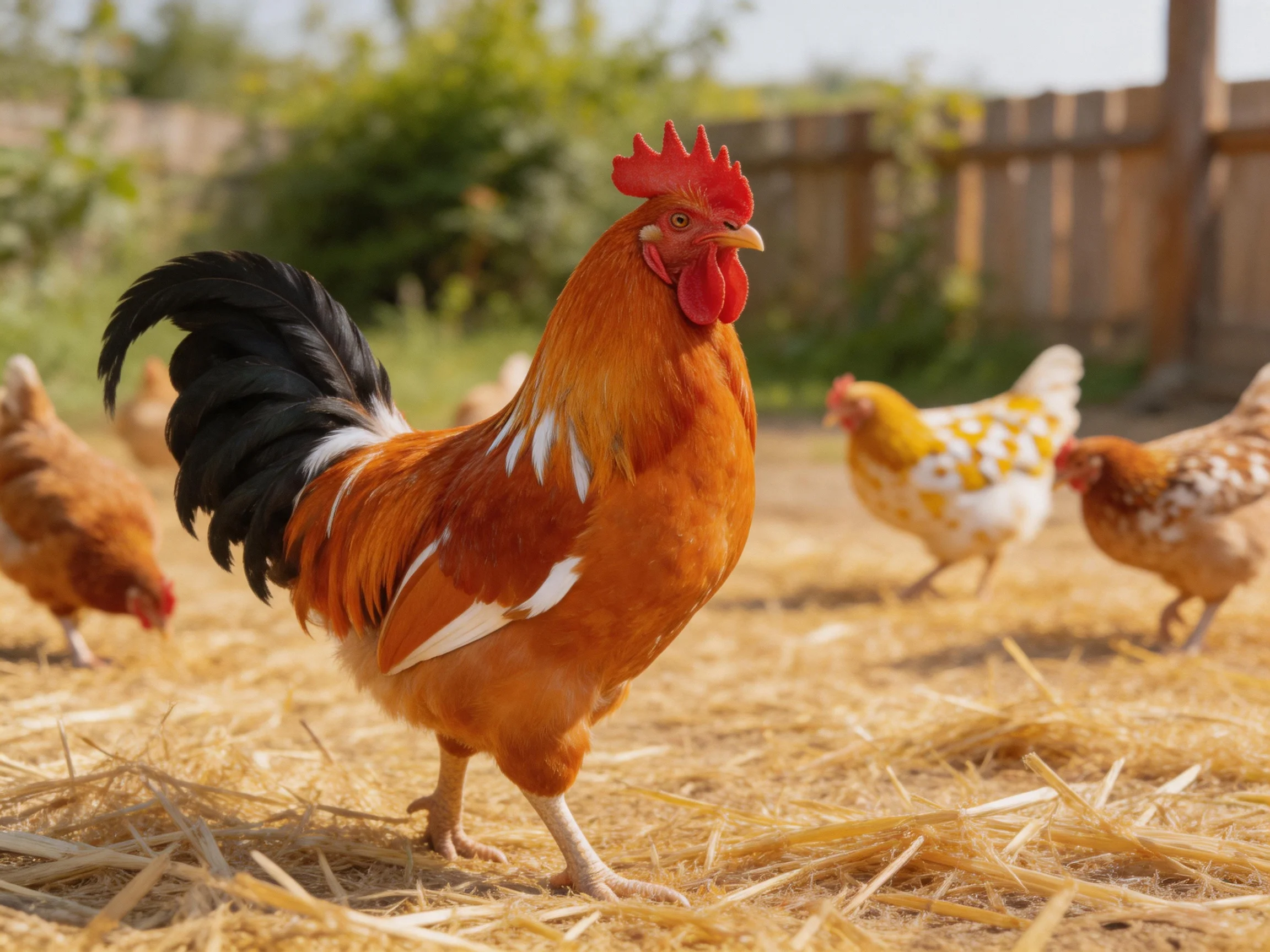 A large orange rooster with black tail feathers stands among several hens on straw