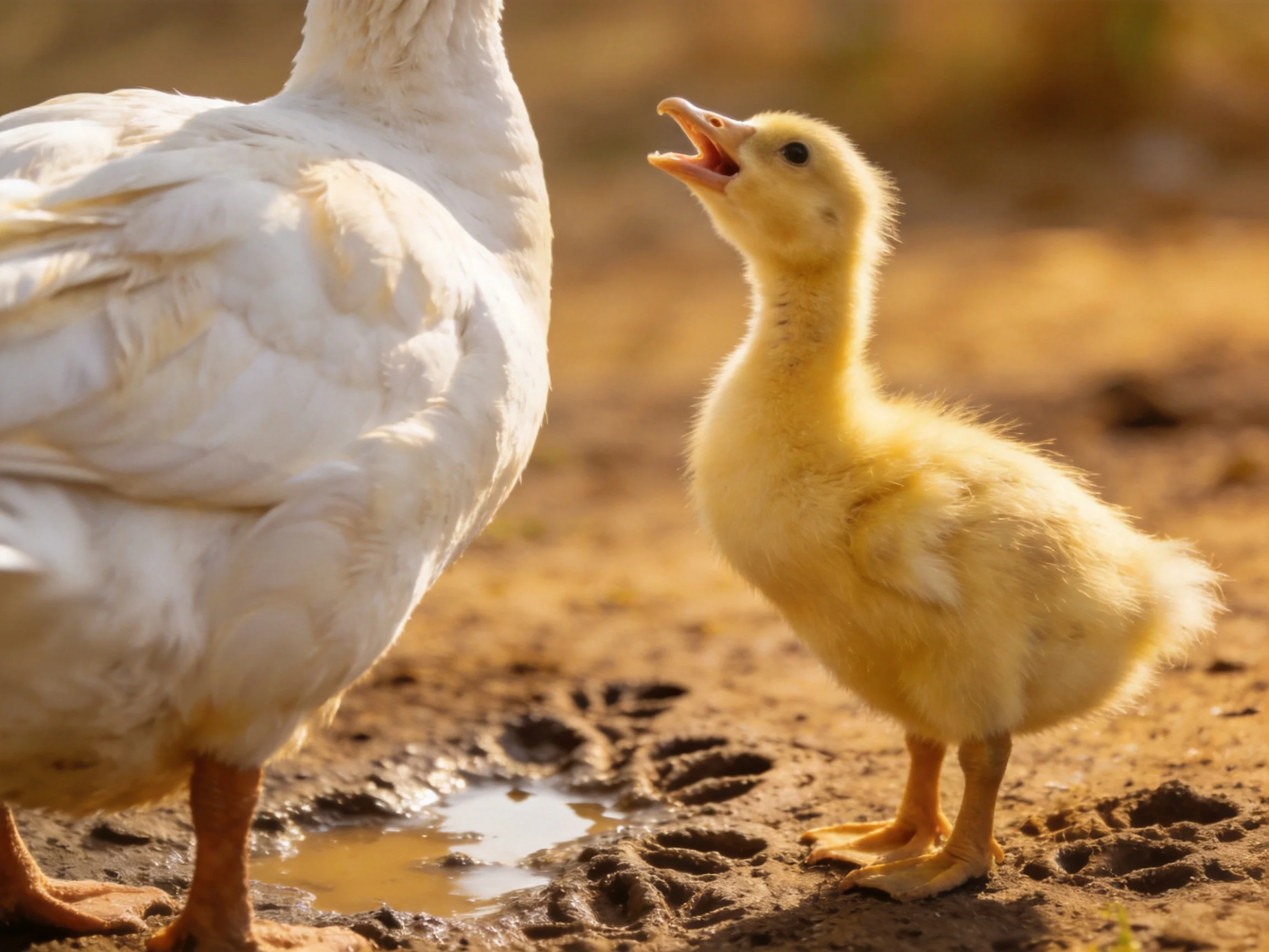 A large white duck and small yellow duckling stand on muddy ground