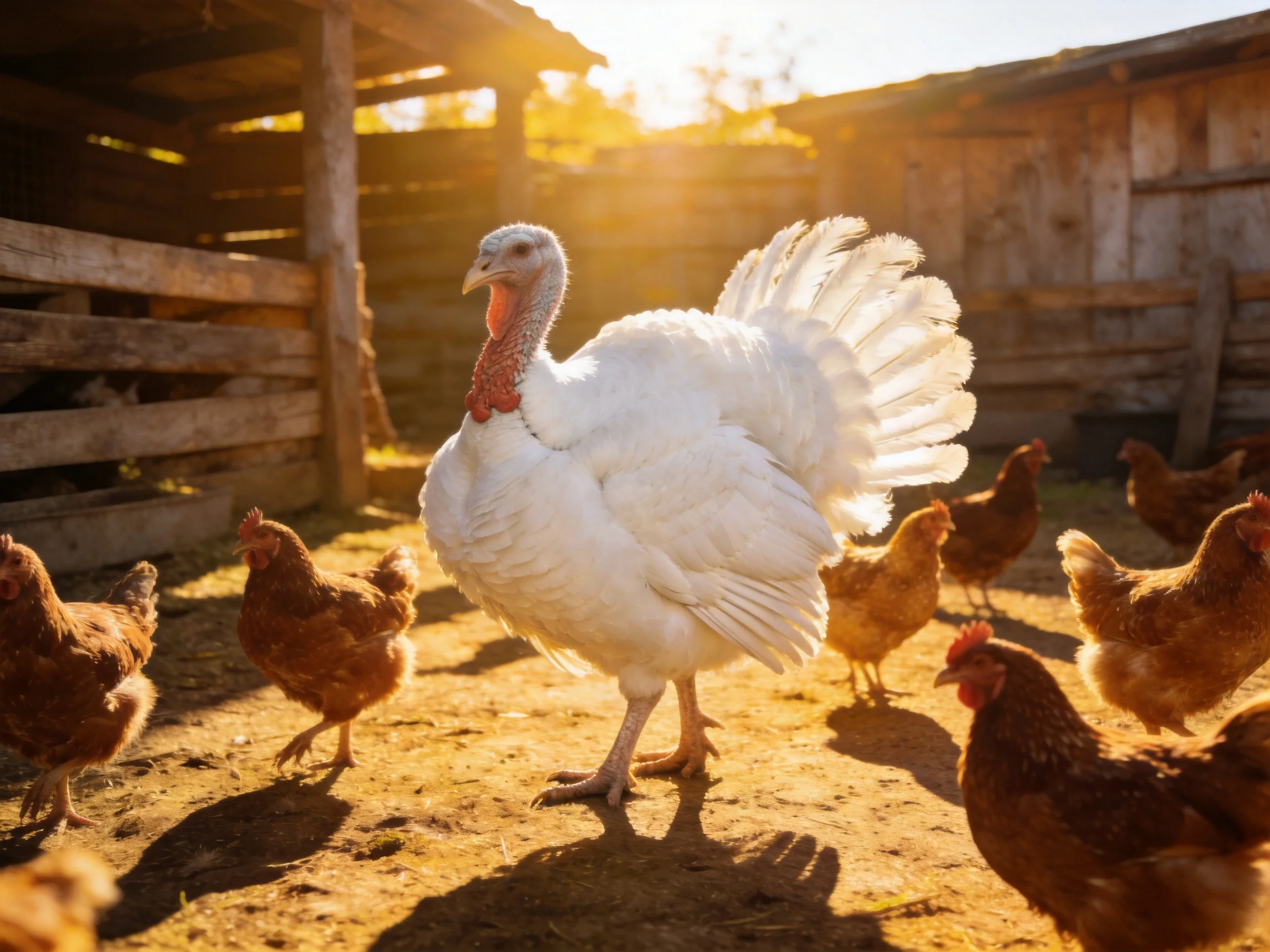 A large white turkey among brown chickens in a sunlit farmyard