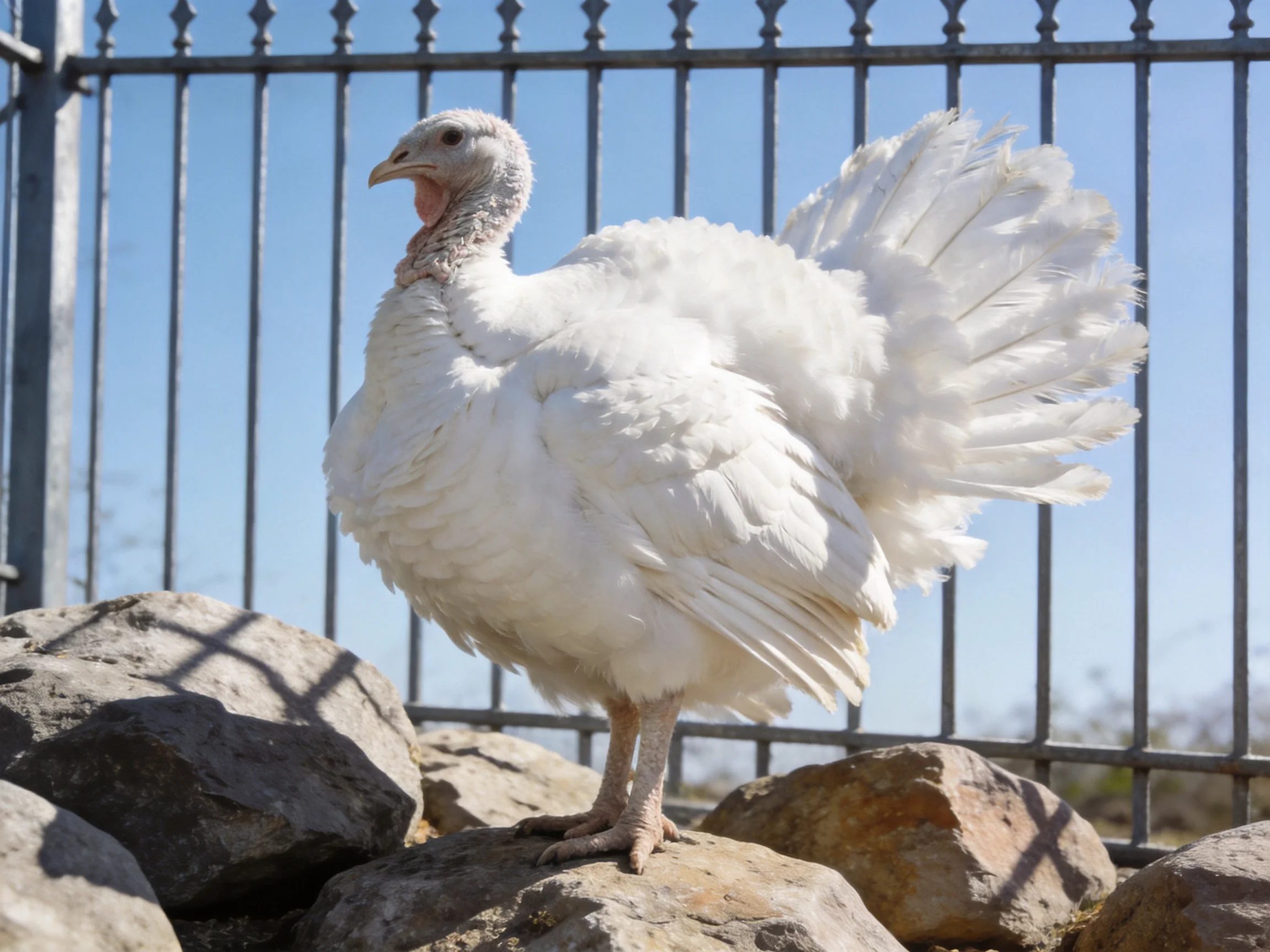 A large white turkey stands on rocks near a metal fence