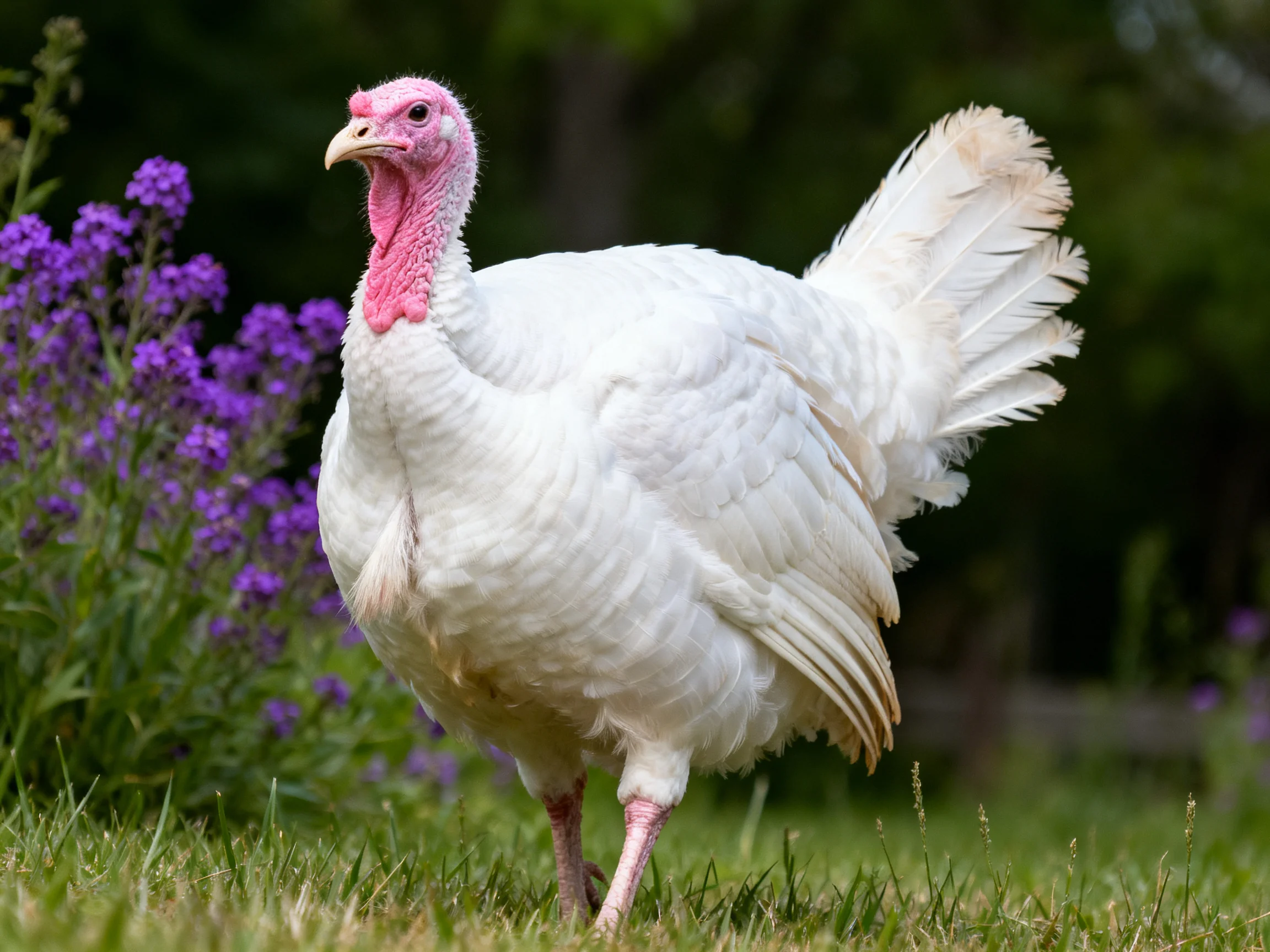 A white turkey with pink skin walks near purple flowers in a natural outdoor setting.