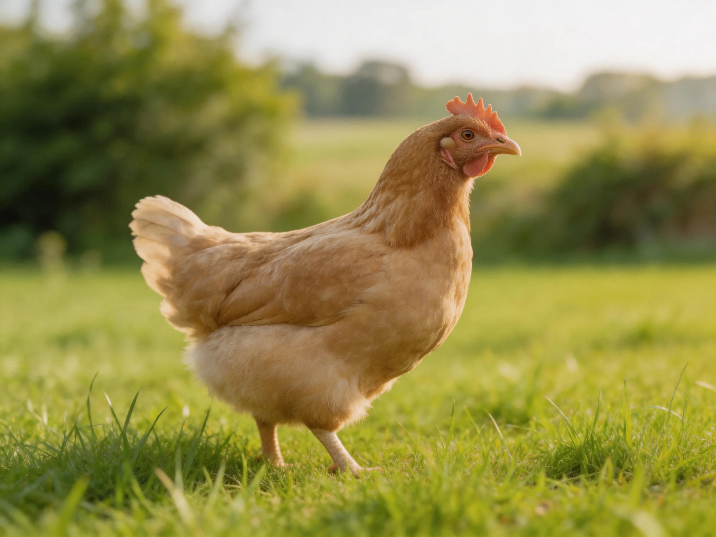 A light brown hen roams on green grass in a sunlit field