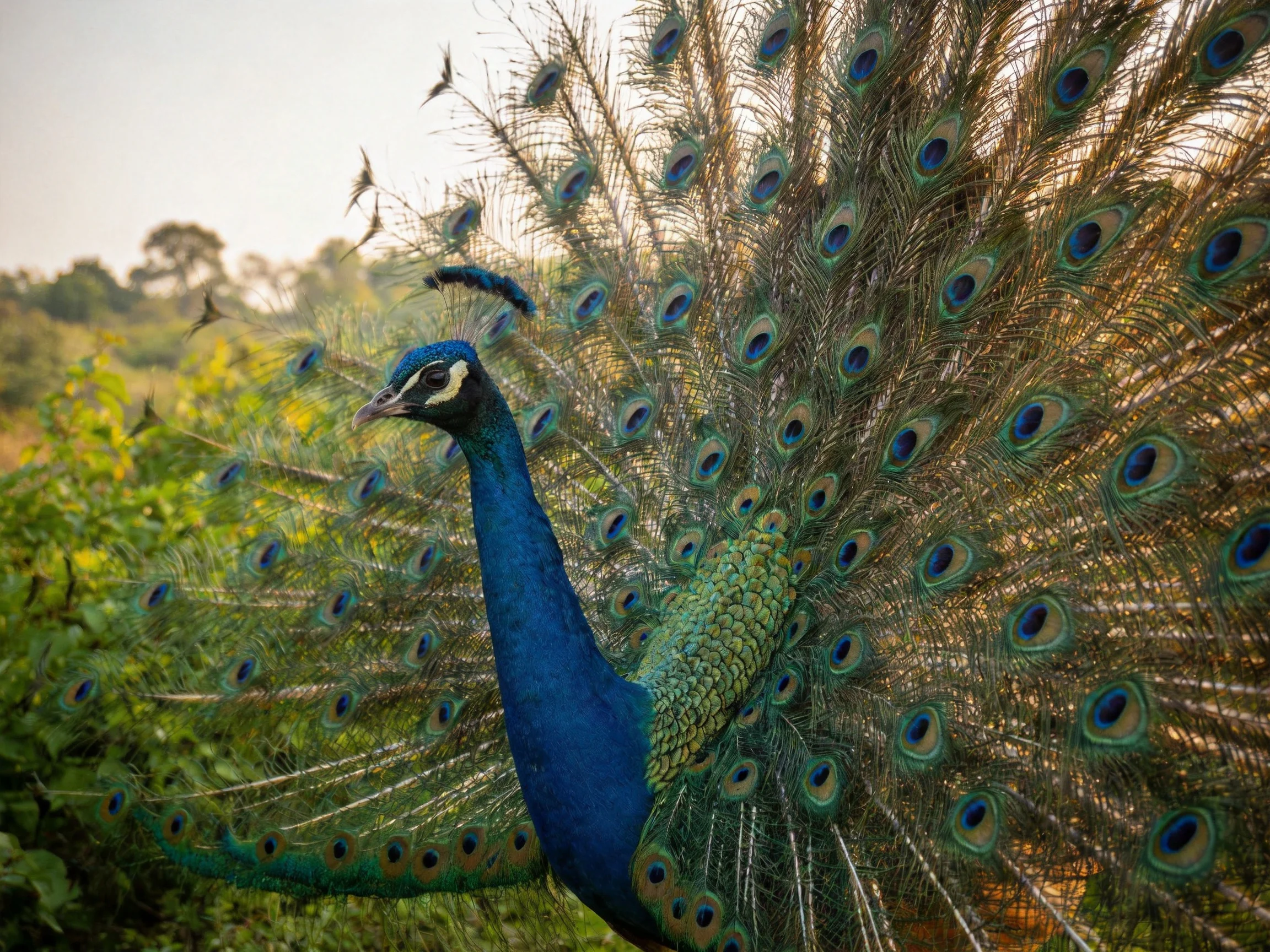 A majestic peacock displays vibrant blue - green plumage with fanned tail feathers