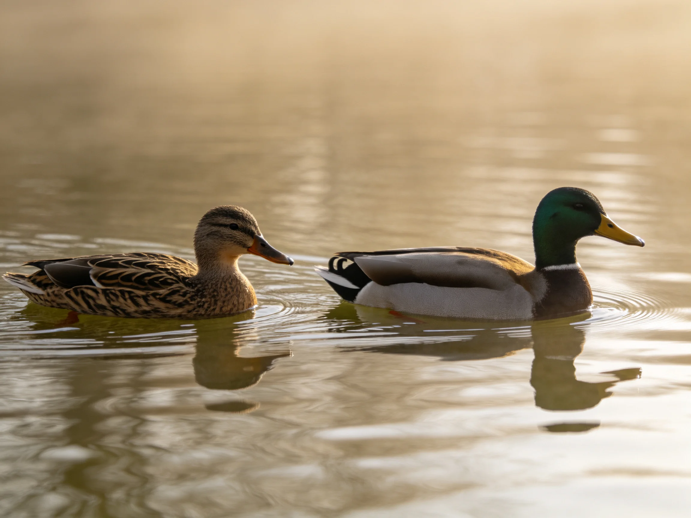 A male and female duck swim side by side on calm water during golden hour