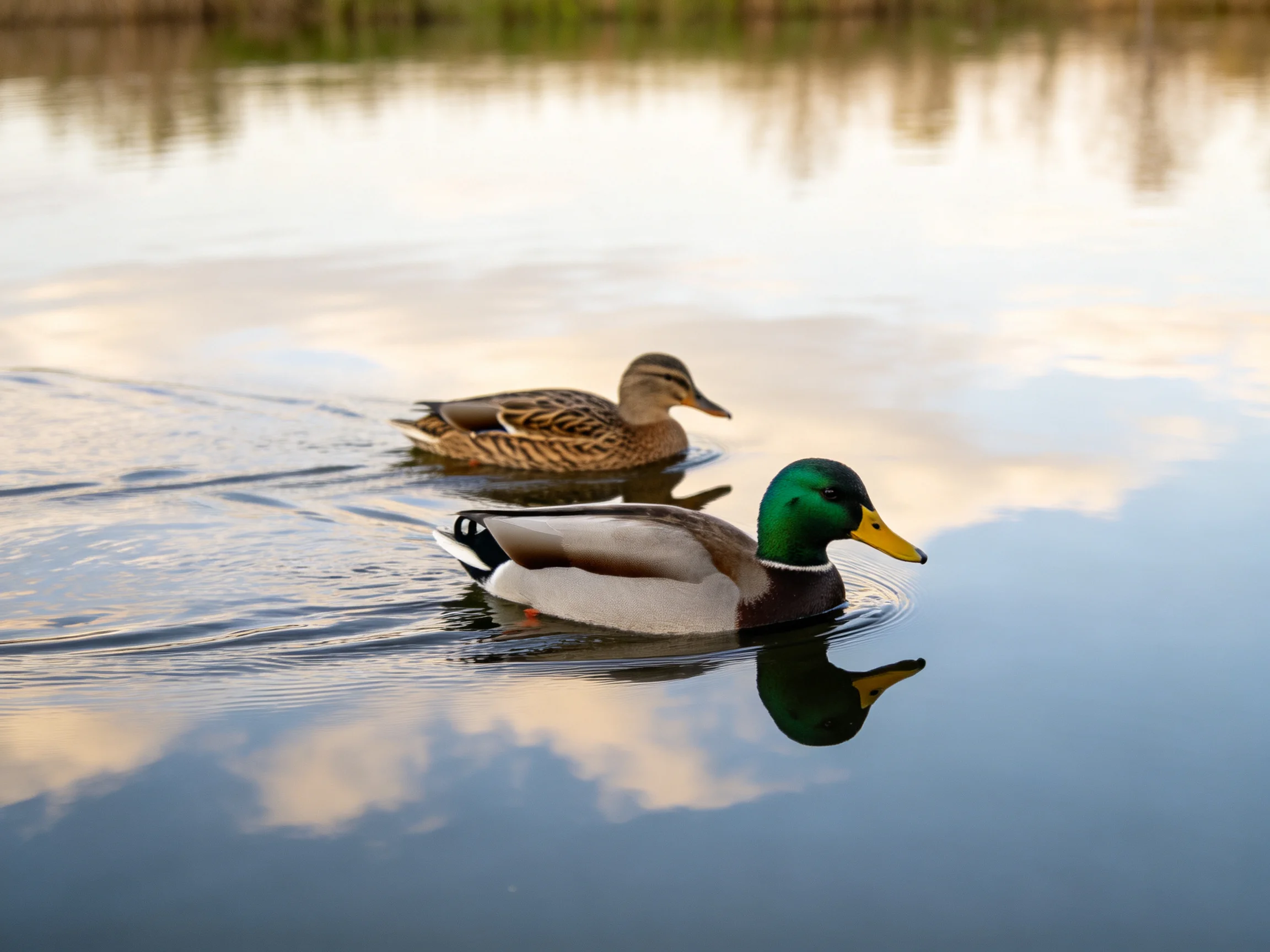A male mallard and female duck swim in calm reflective water