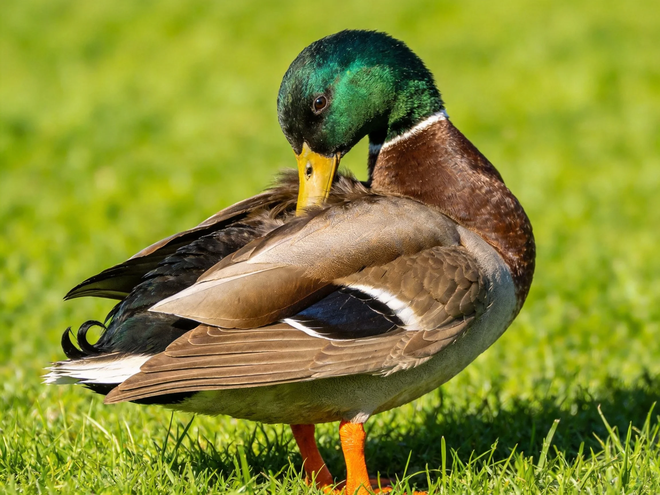 A male mallard duck preening on bright green grass with iridescent feathers