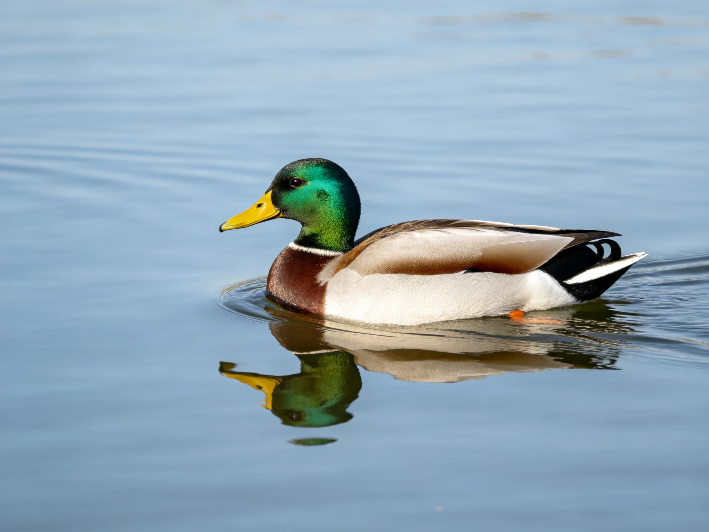 A male mallard duck swims gracefully in calm blue water with a clear reflection