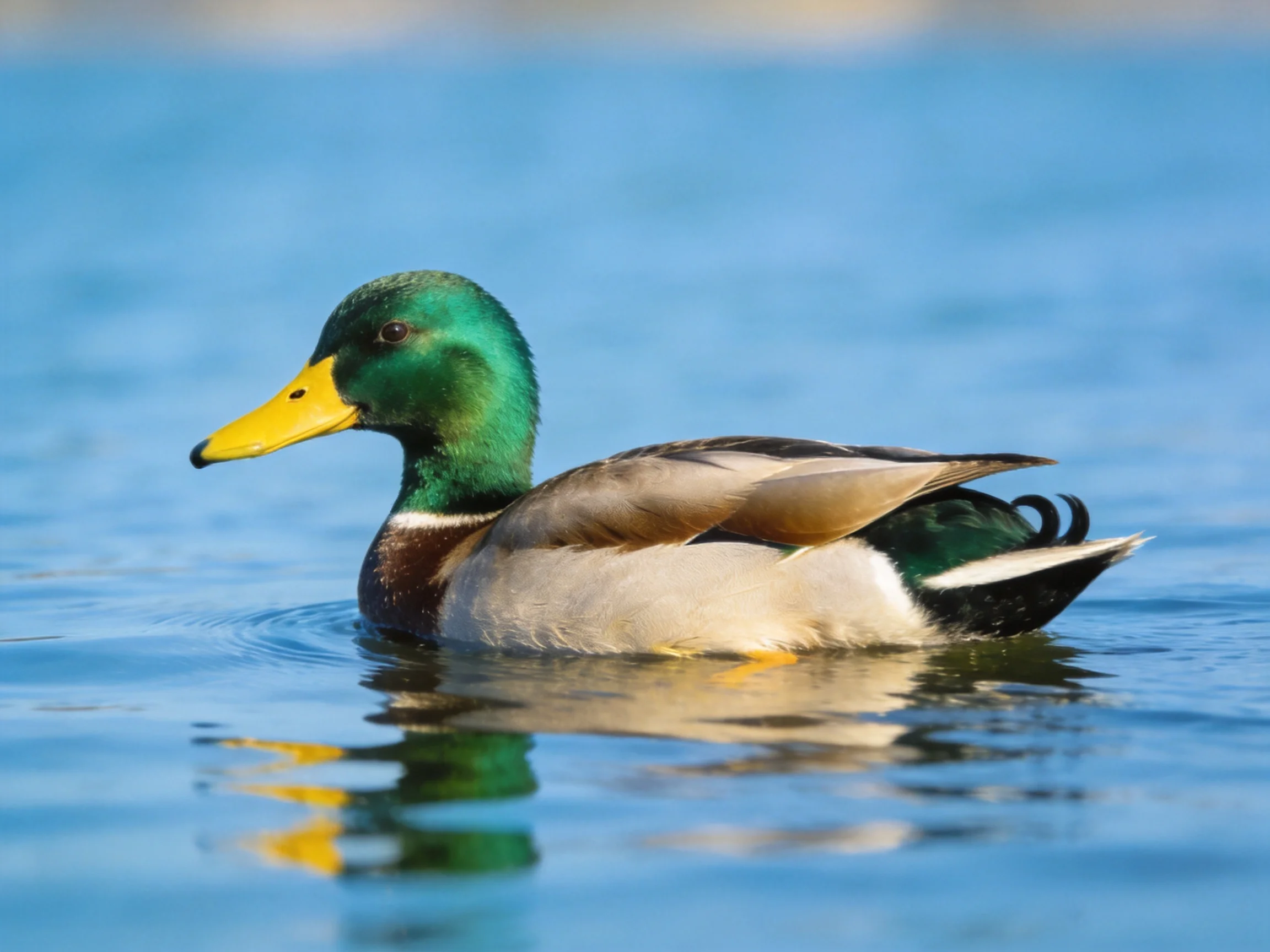A male mallard duck swims gracefully in clear blue water