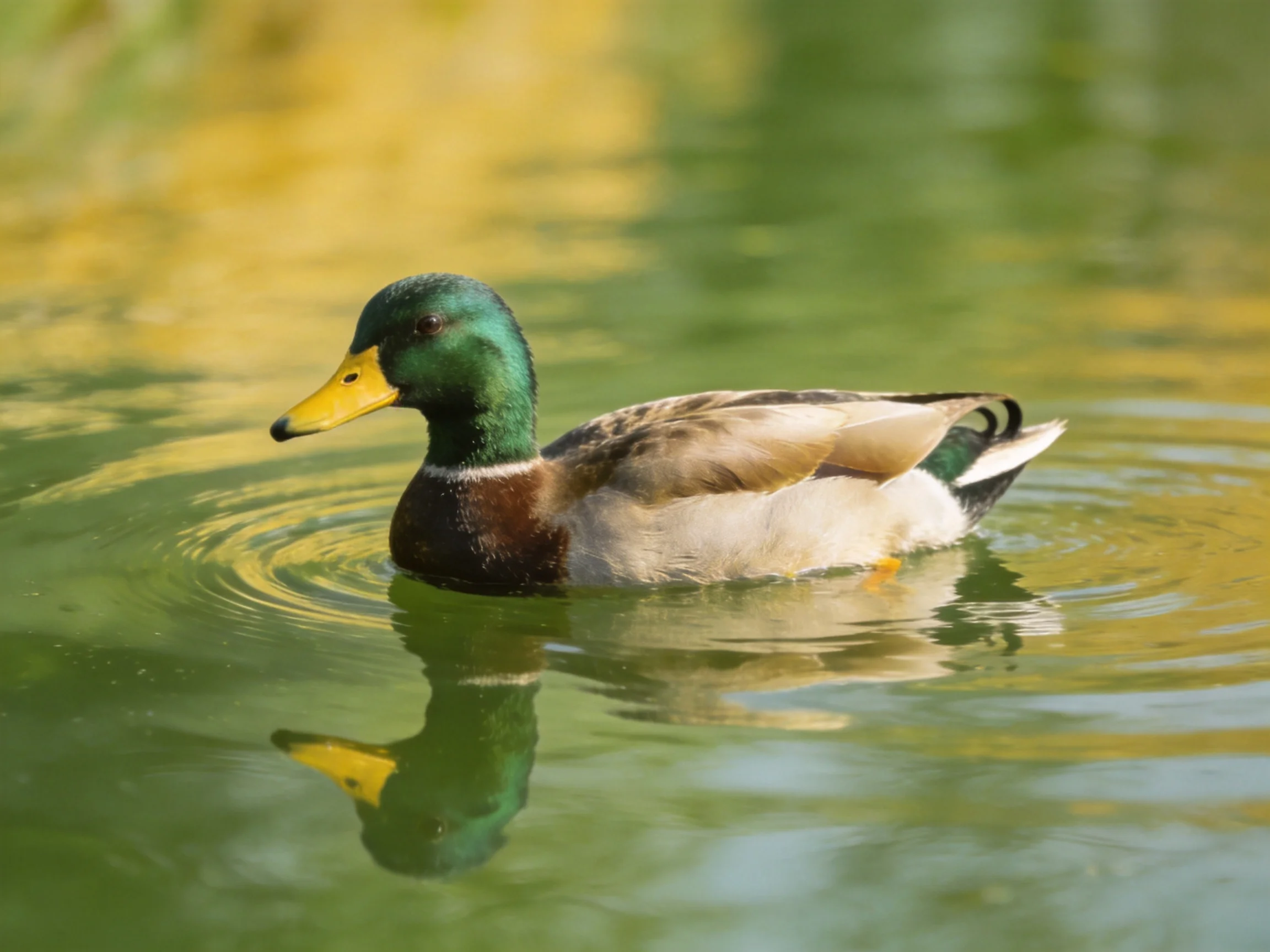 A male mallard duck swims in serene, reflective water