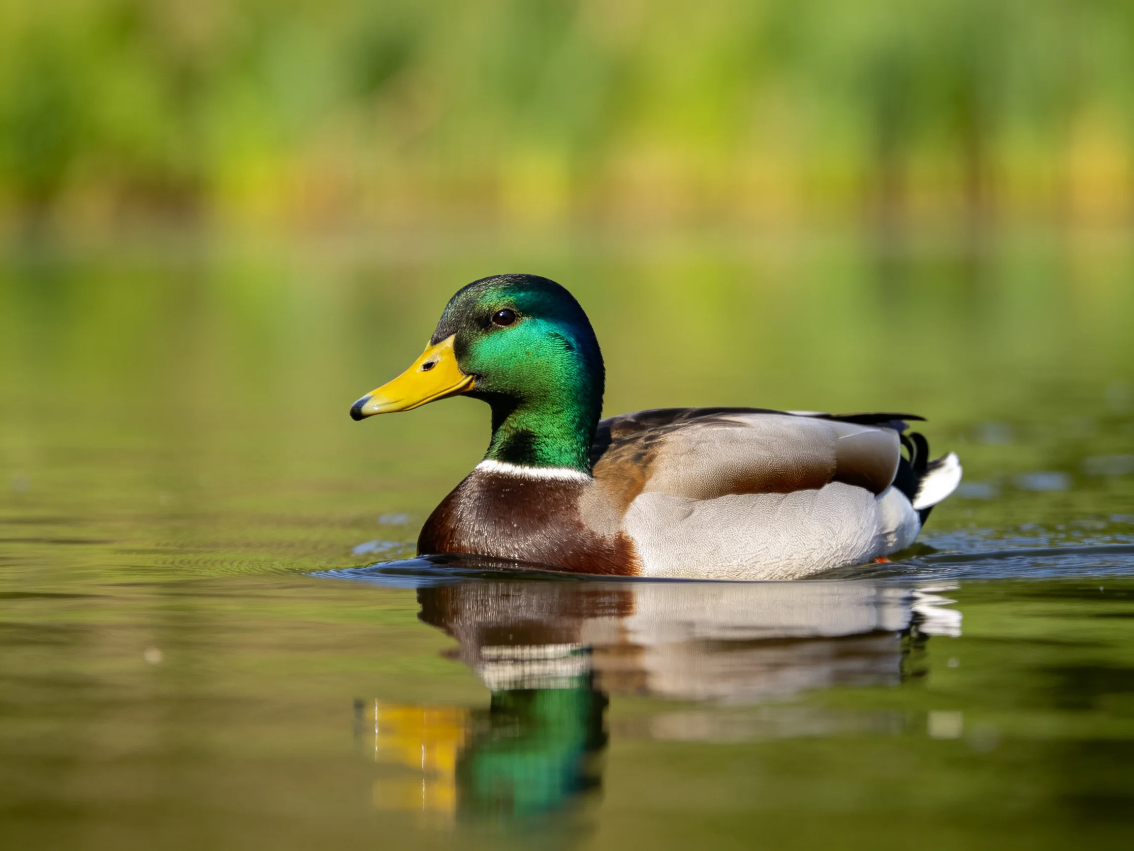 A male mallard duck with a glossy green head swims in calm water