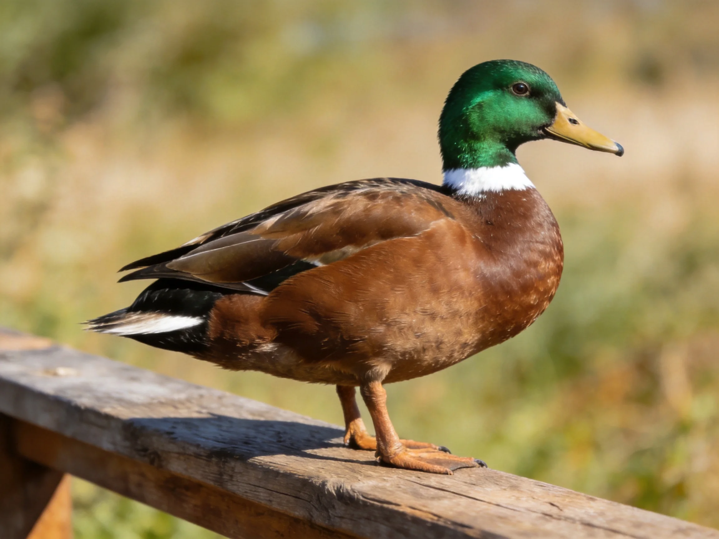 A male mallard duck with green head, brown body, perched on a weathered wooden rail