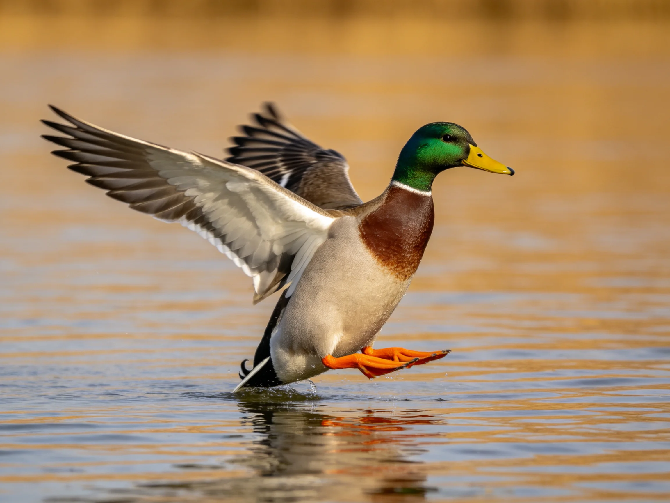 A male mallard duck with green head, brown chest, landing on calm water
