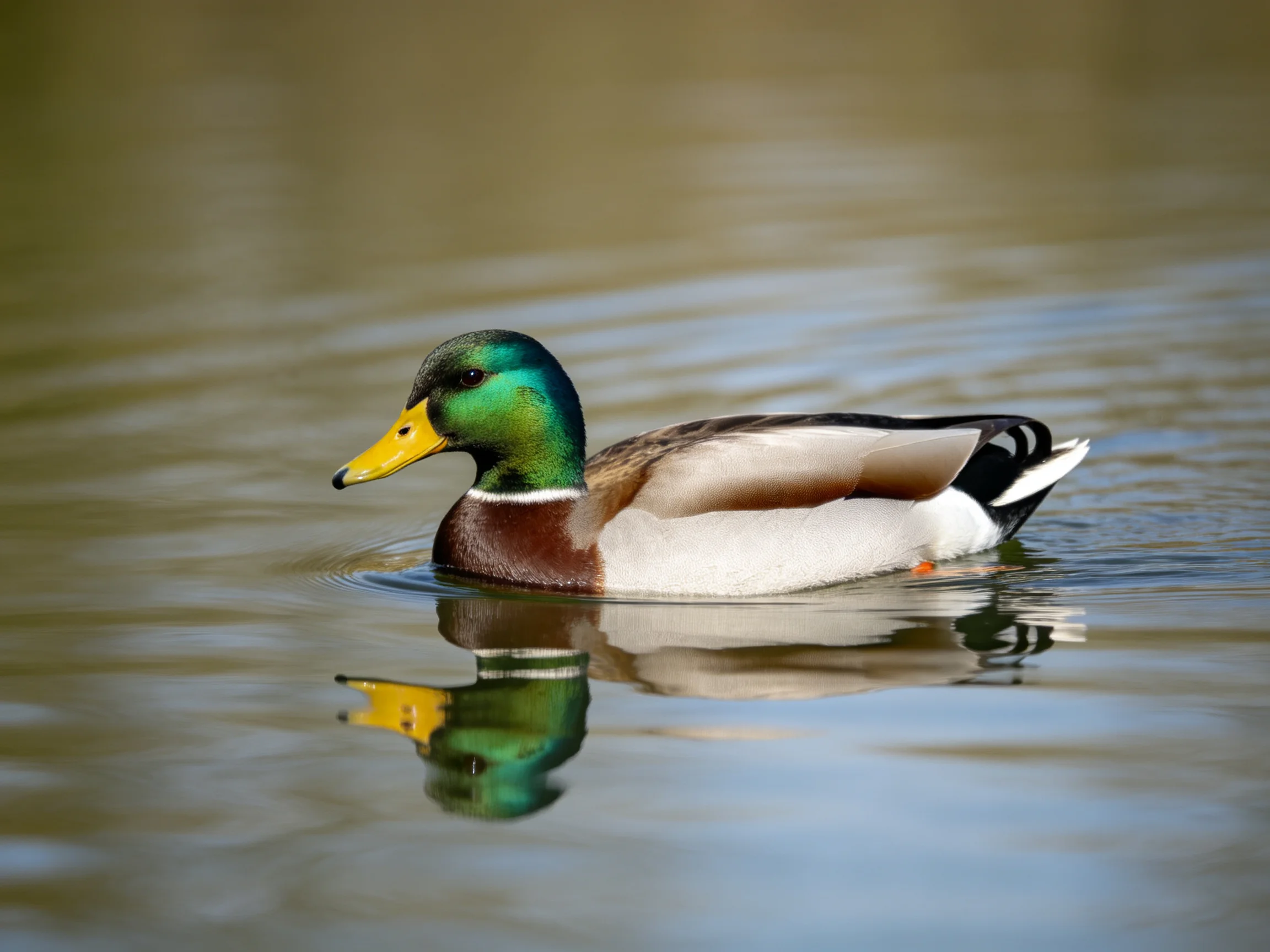 A male mallard duck with green head swims in calm water