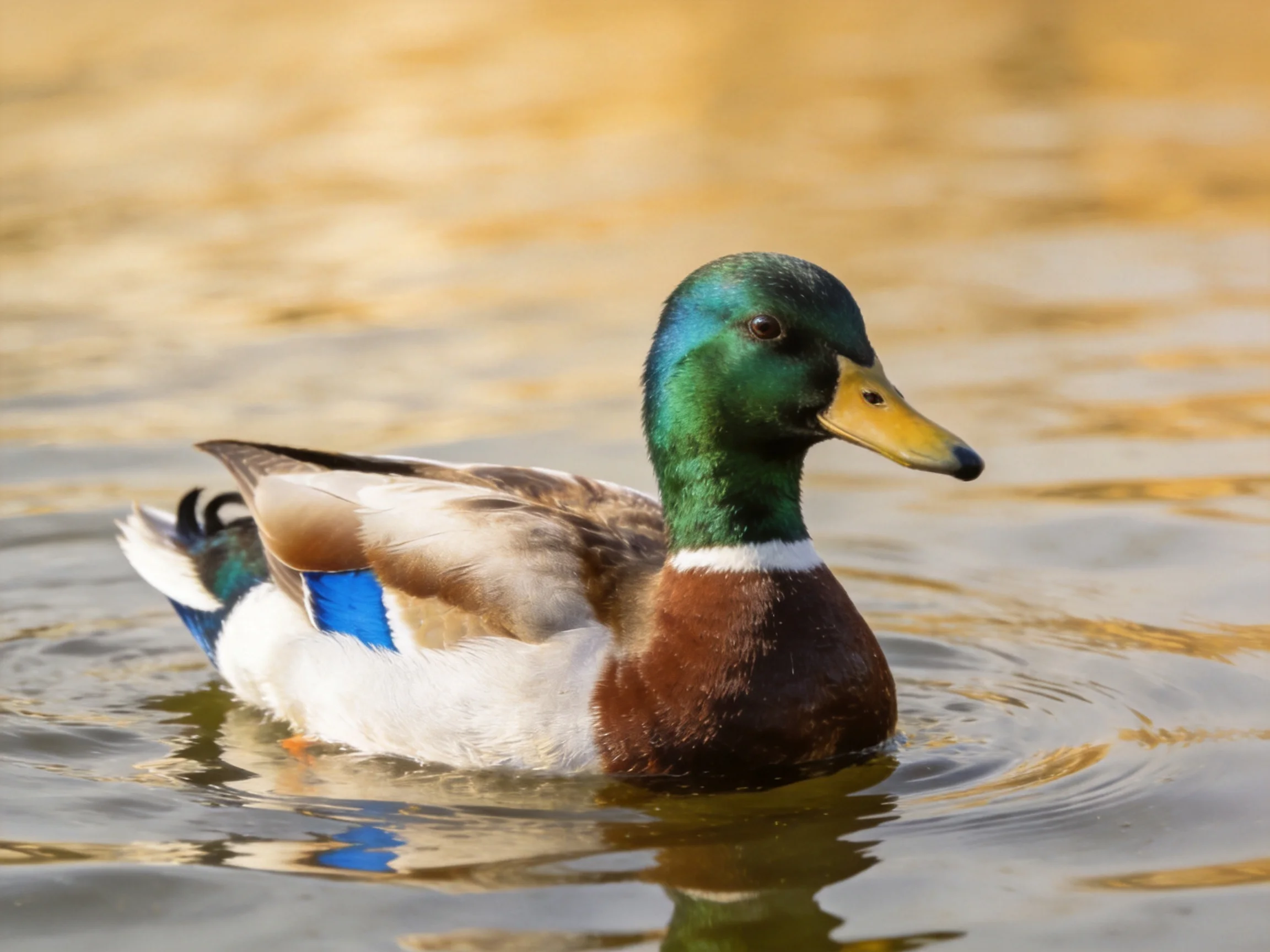 A male mallard duck with green head swims in golden water