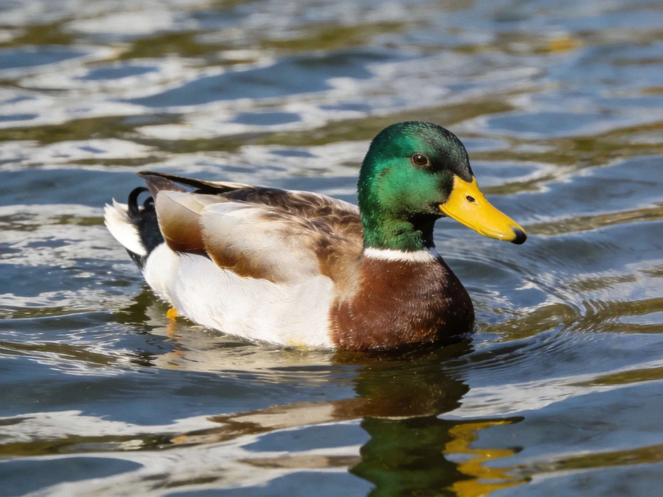 A male mallard duck with green head swims in rippling water