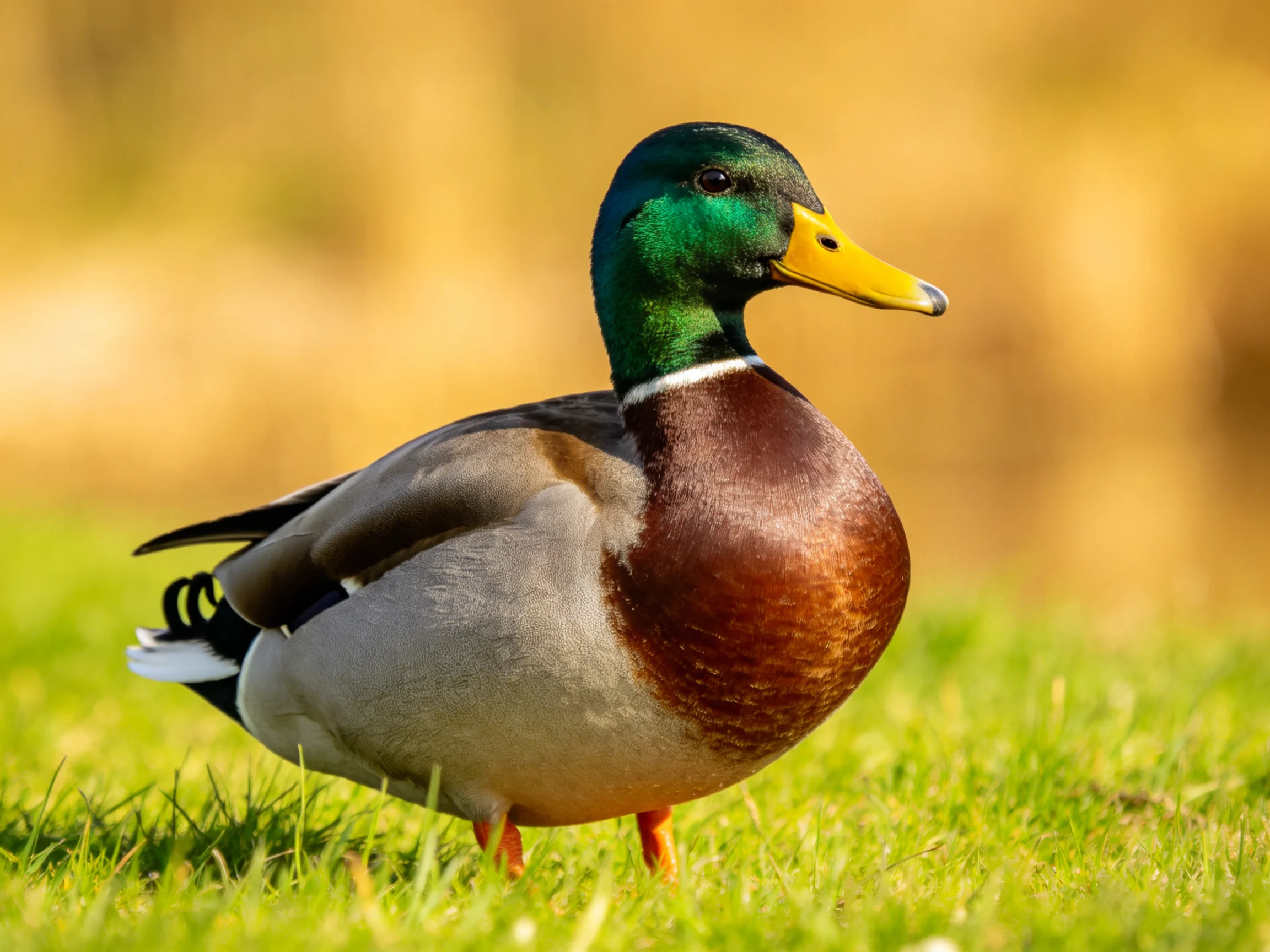 A male mallard duck with green head, yellow beak, brown chest on green grass