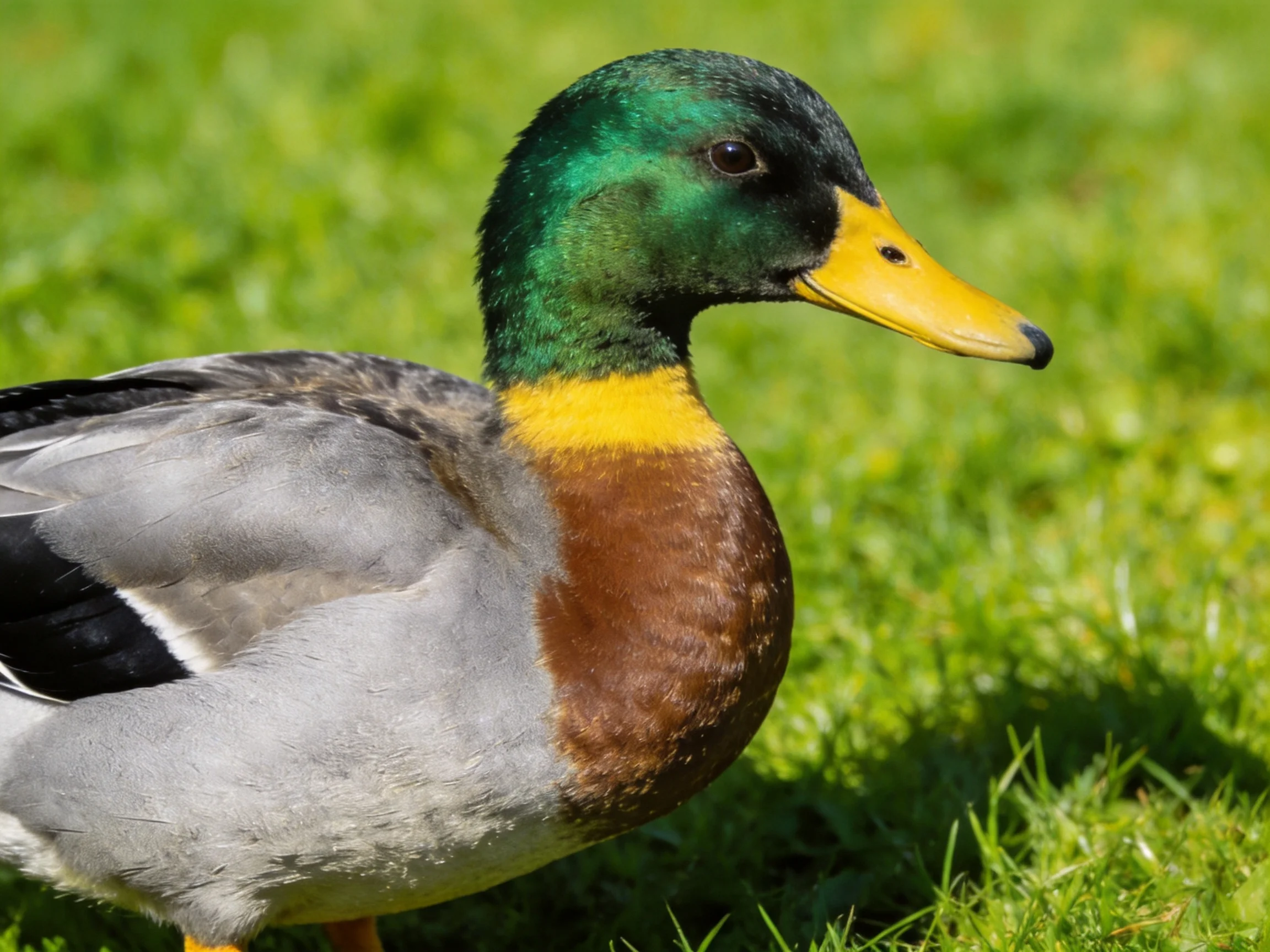 A male mallard duck with green head, yellow bill, brown chest, gray wings on grass