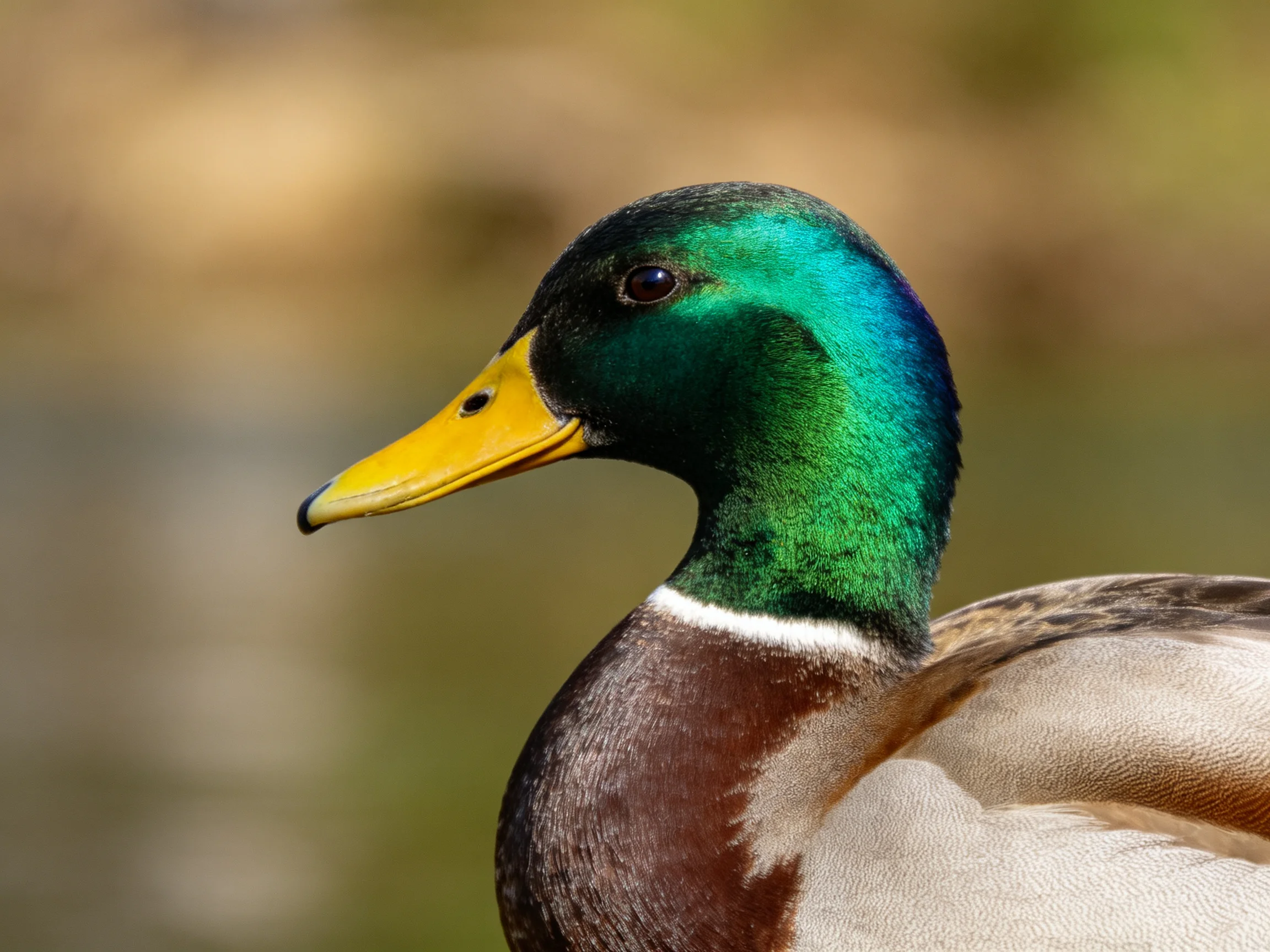A male mallard duck with iridescent green head and bright yellow bill