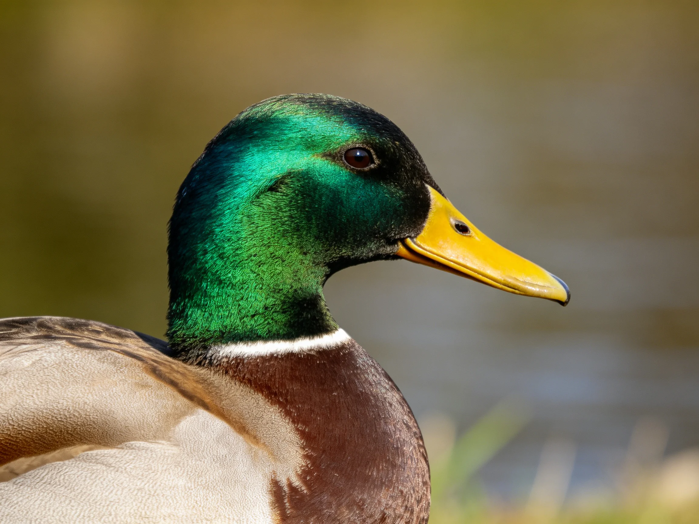 A male mallard duck with iridescent green head, bright yellow bill, and brown chest plumage.