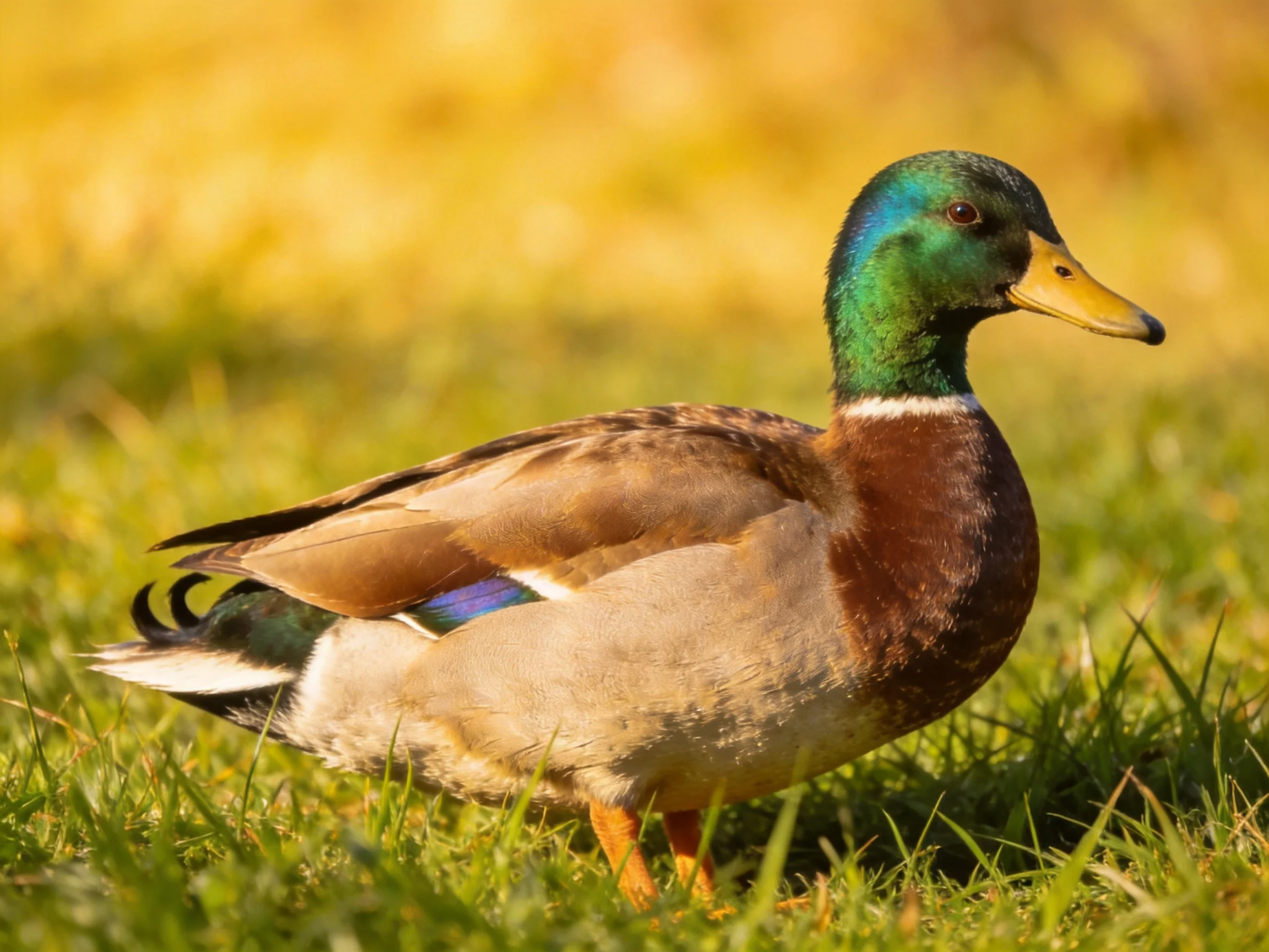 A male mallard duck with iridescent green head, brown chest, and yellow bill on sunlit grass