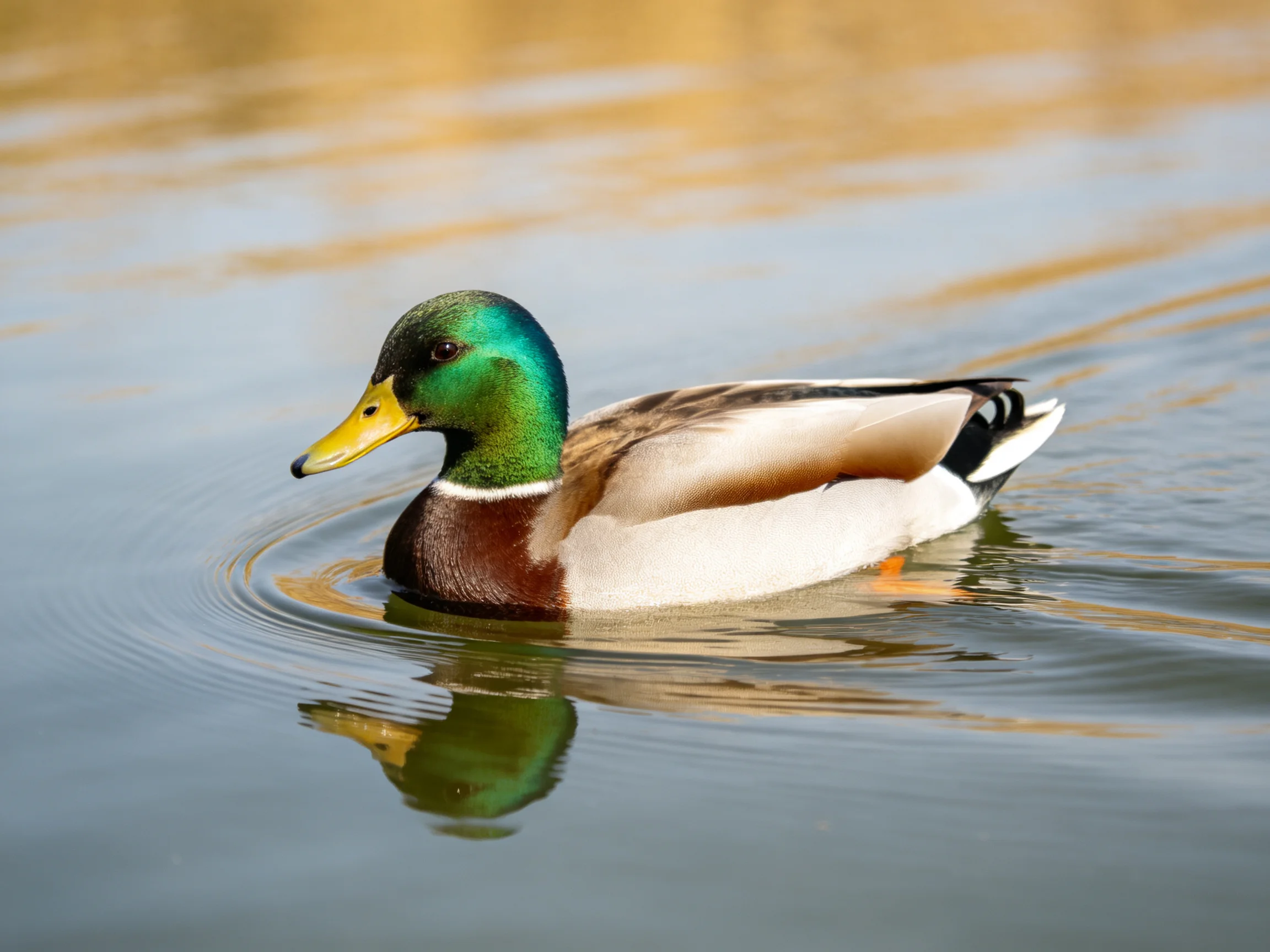 A male mallard duck with iridescent green head swims in calm water