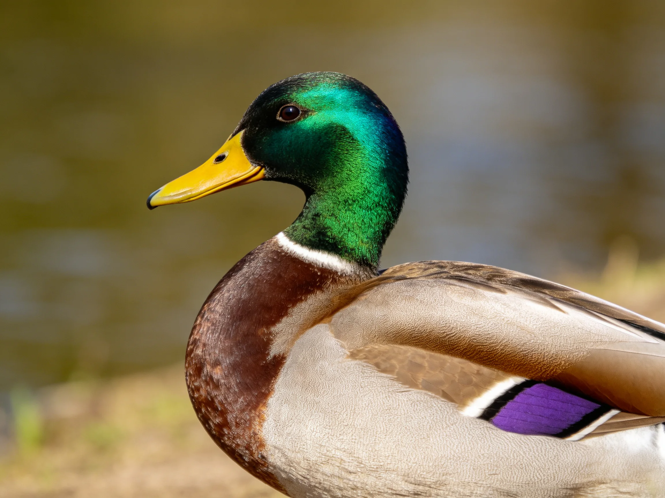 A male mallard duck with iridescent green head, yellow bill, and purple wing patch