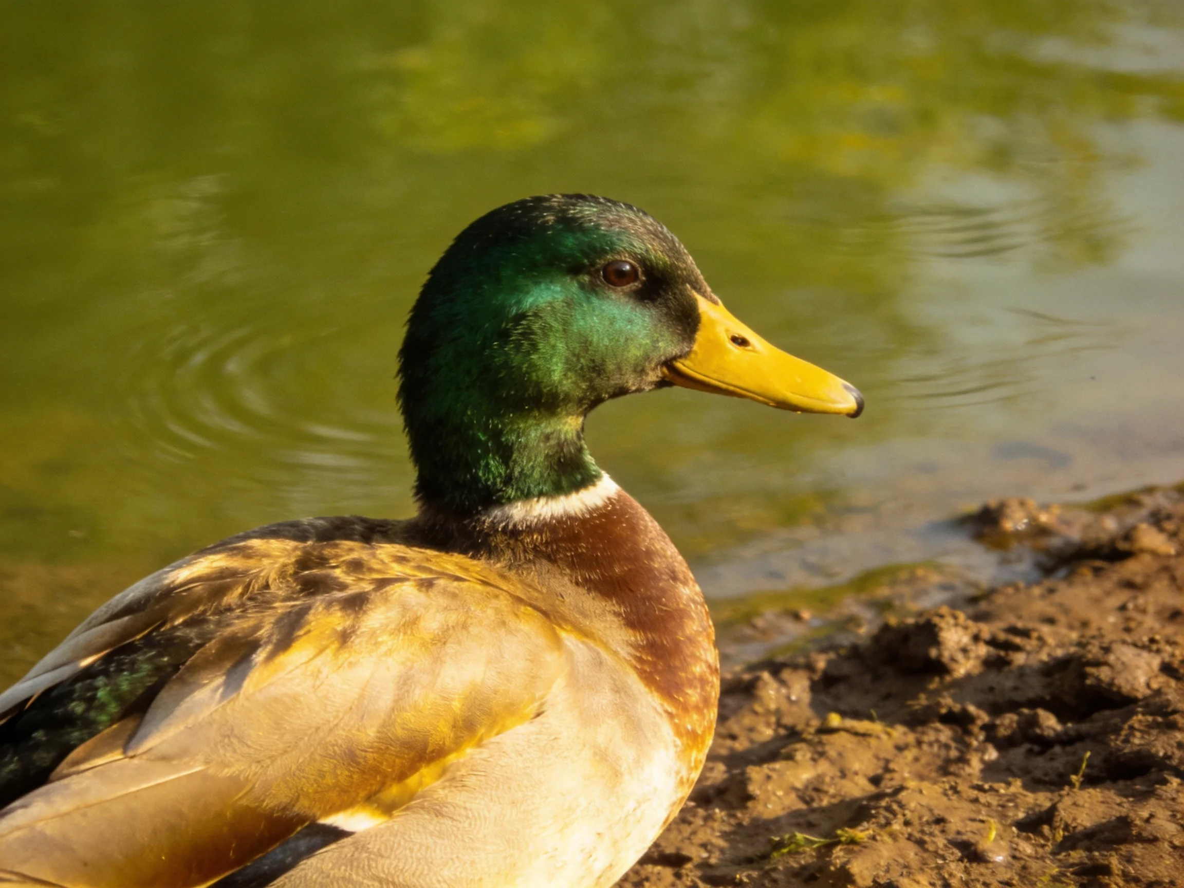 A male mallard duck with iridescent green head, yellow bill, resting by murky water