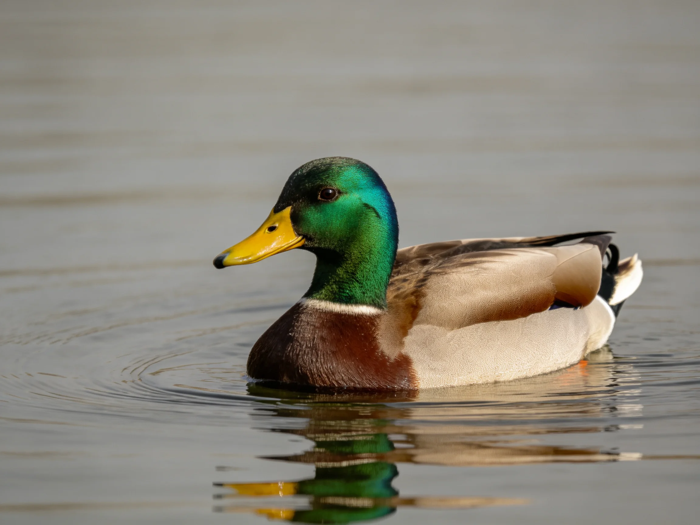 A male mallard duck with vibrant green head swims in calm water